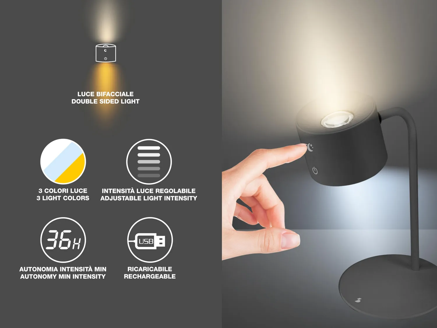 Beper Luminì P201UTP304 lampe tactile noire rechargeable