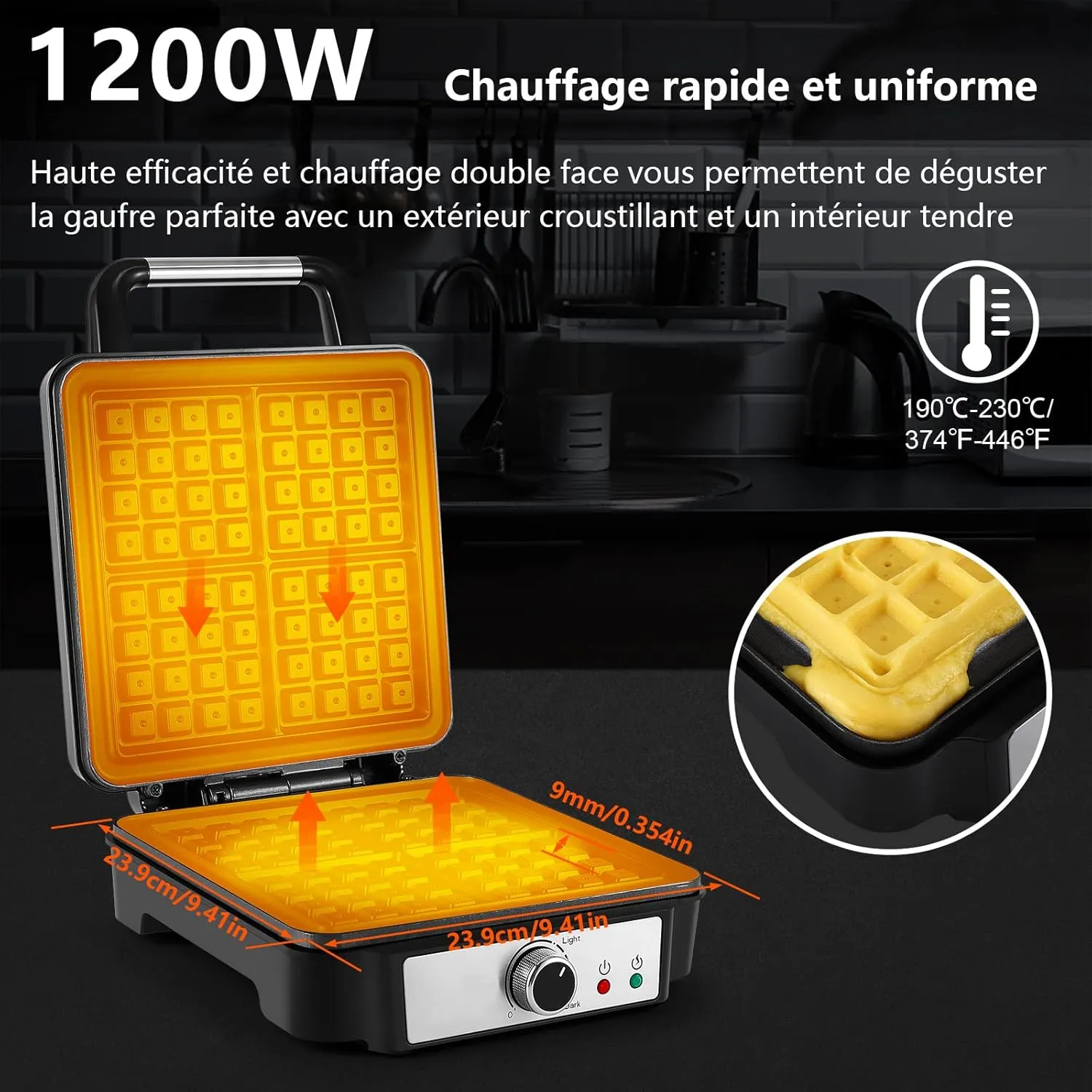 YASHE Gaufrier Belge 4 Tranches 1200 W 5 Dorures