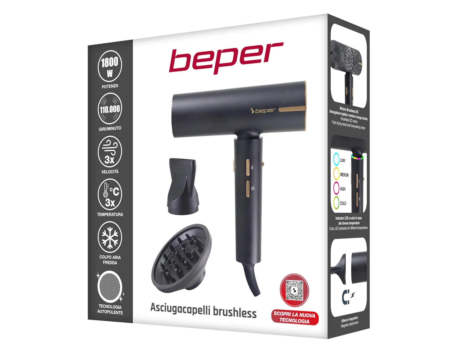 Beper P301ASC010 sèche-cheveux 1800W brushless noir
