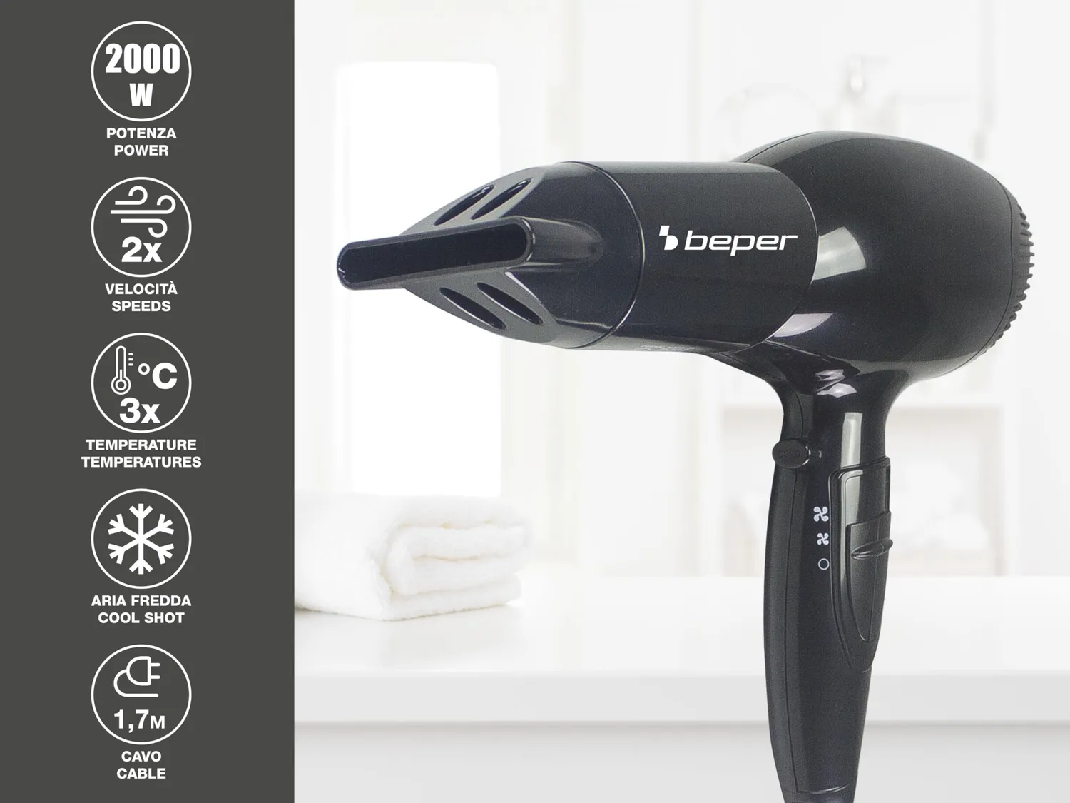 Beper 40.979 sèche-cheveux 2000 W noir diffuseur inclus