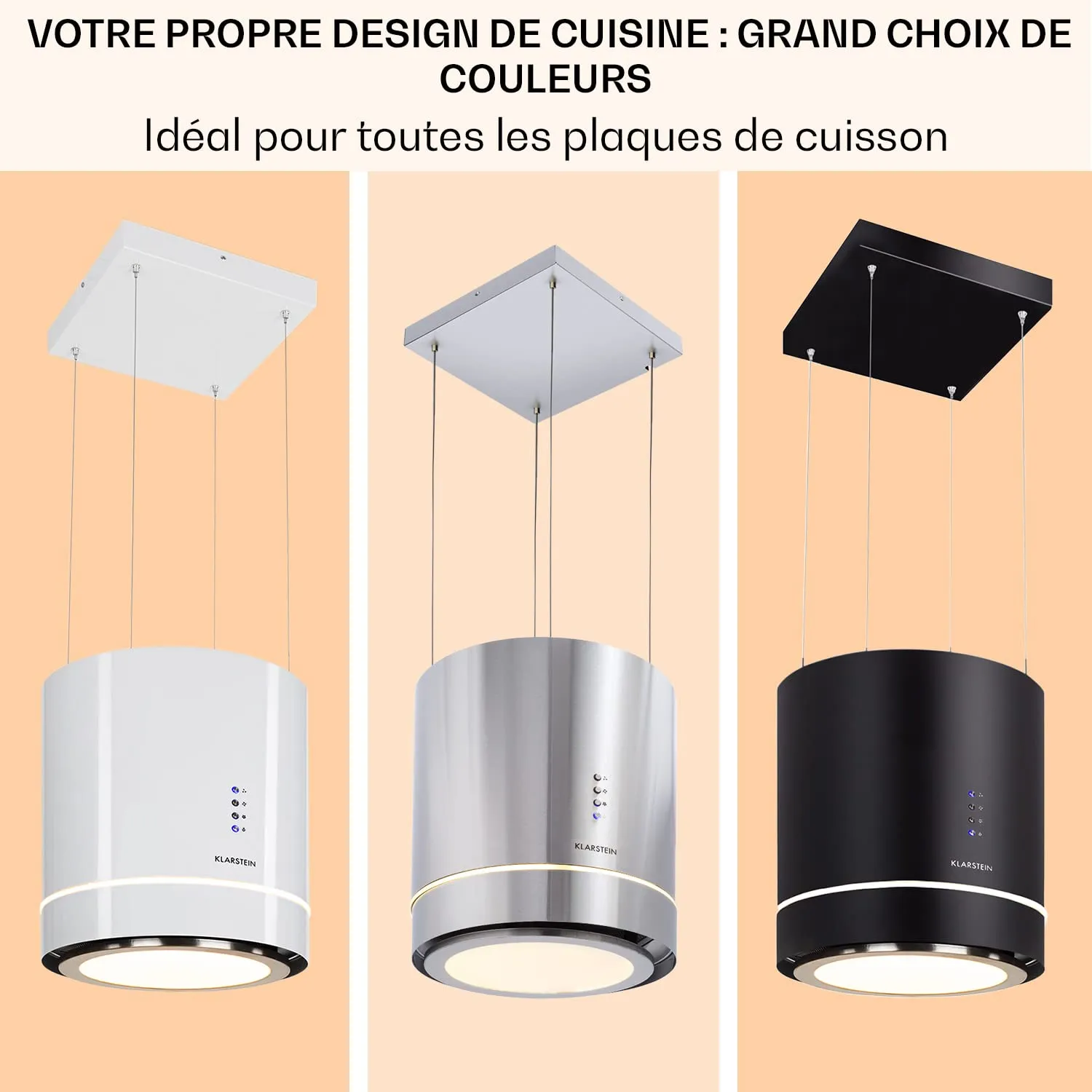 Klarstein hotte îlot suspendue noir 595 m3/h avec filtres