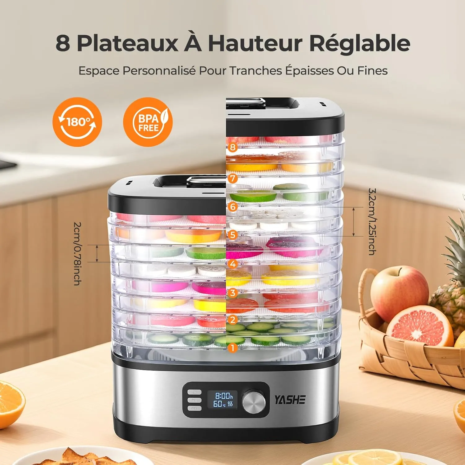YASHE Déshydrateur 8 Plateaux déshydrateur alimentaire 35-70°C