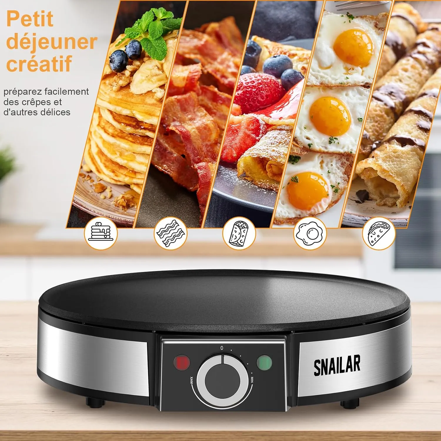 YASHE Crêpière Électrique 1200W Antiadhésive Réglable