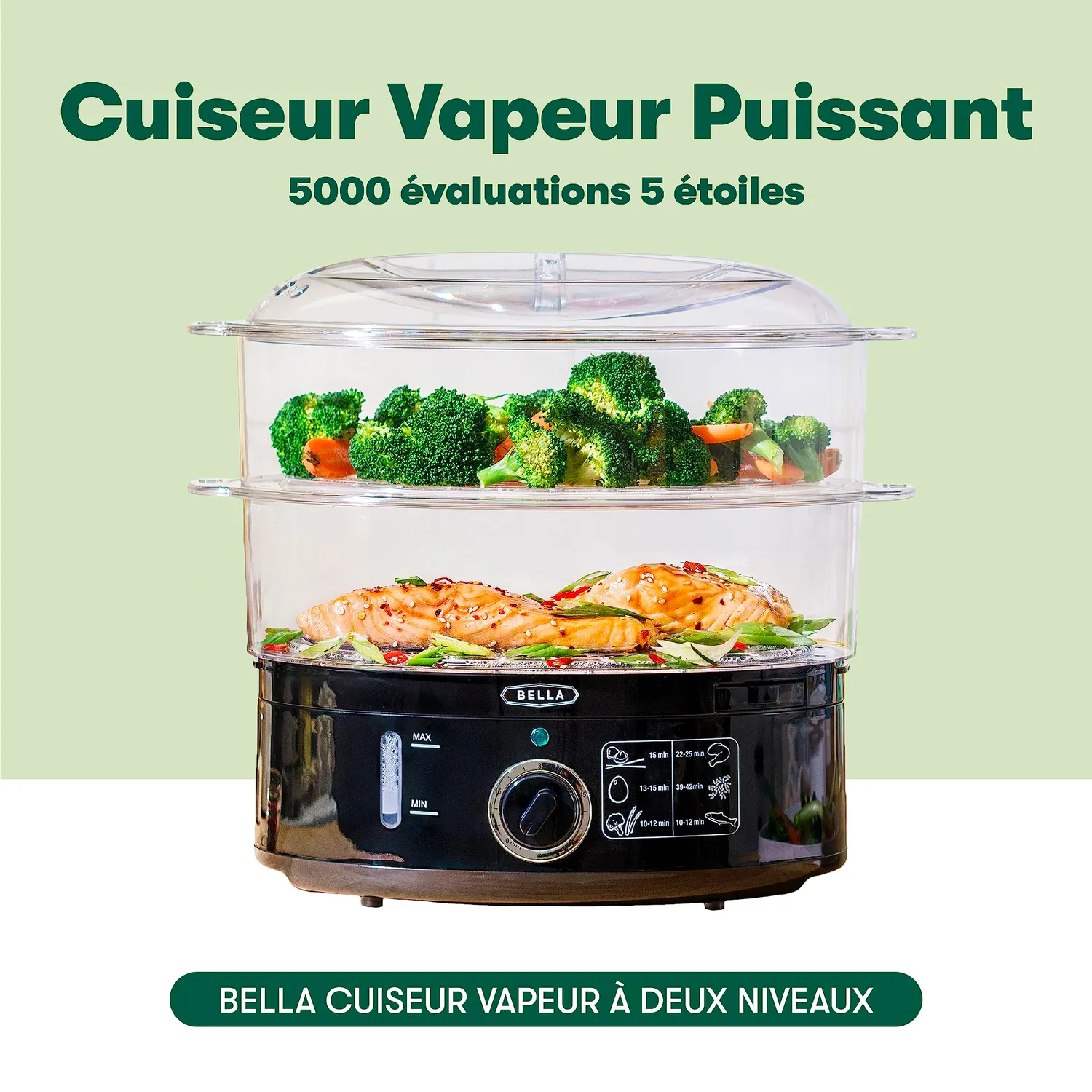 Bella cuiseur vapeur 2 étages 7 L noir arrêt auto