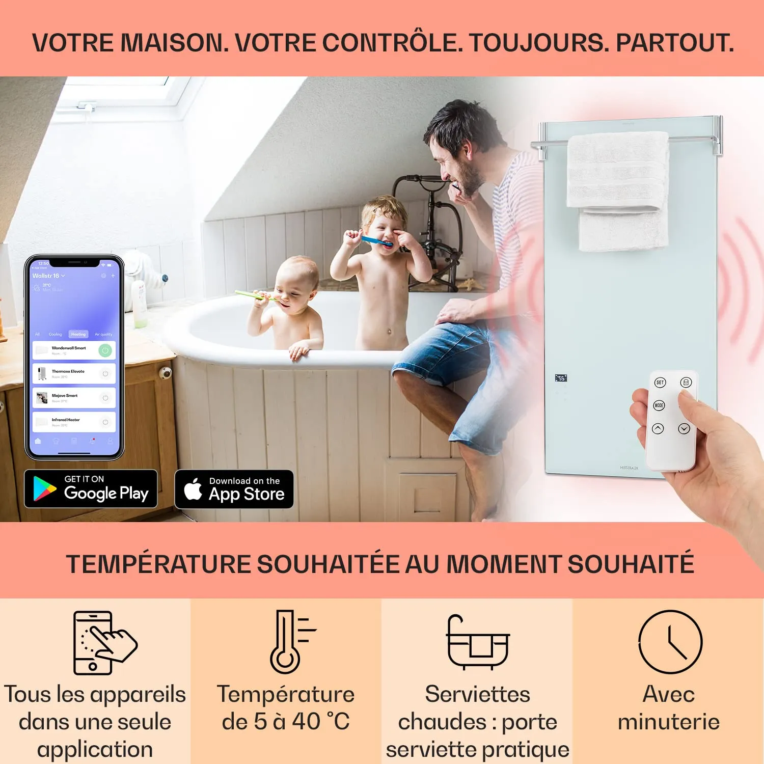 Klarstein Smart chauffage infrarouge mural 850 W WiFi