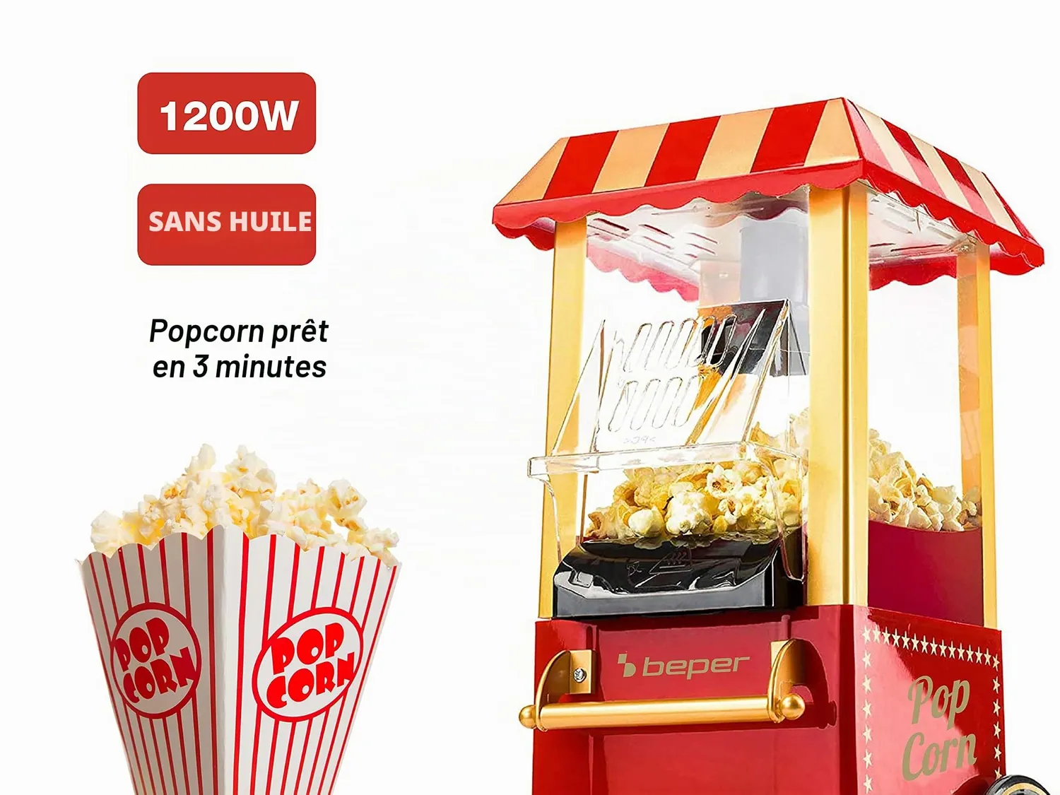 Beper BT.651Y machine à popcorn 1200 W rouge or