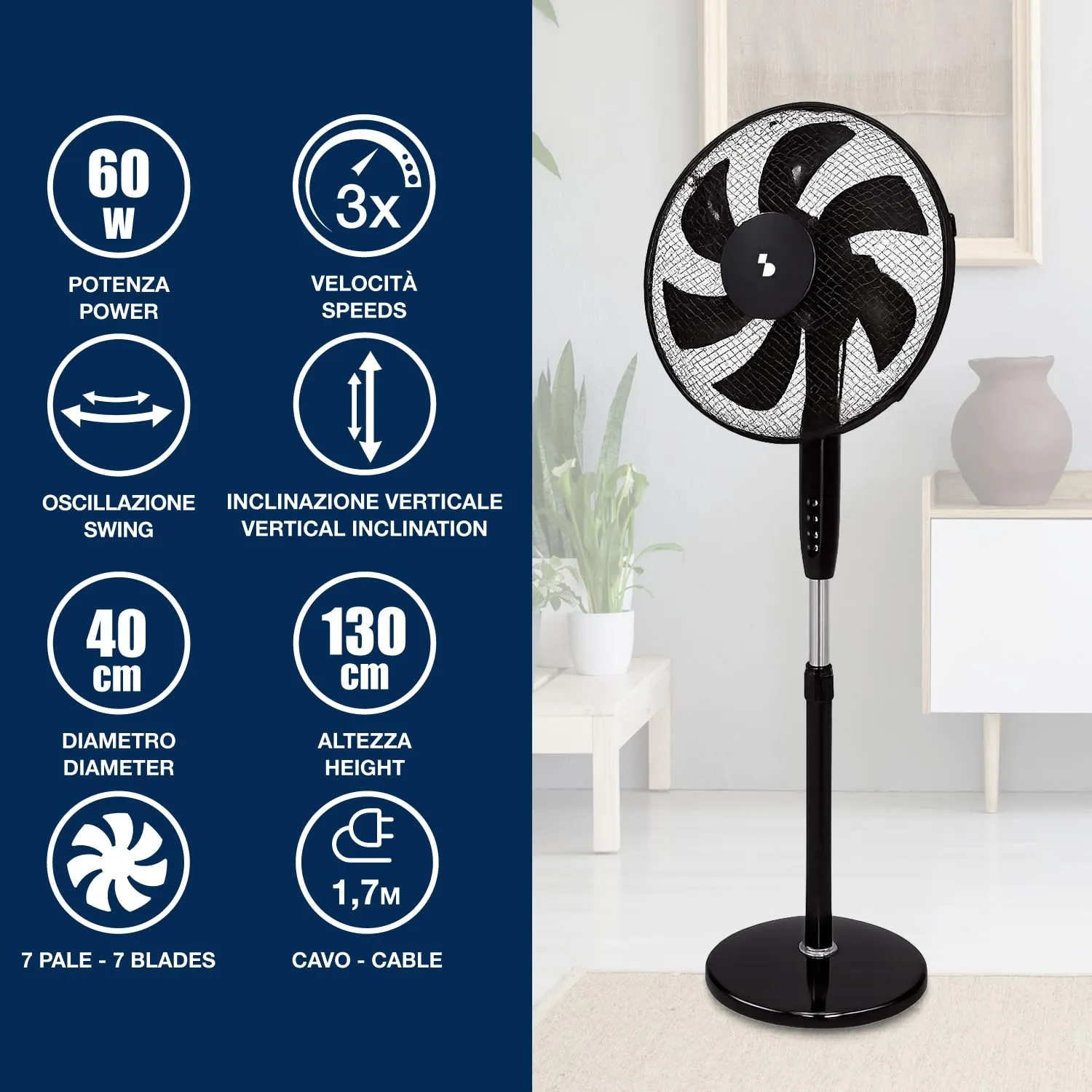 Beper P206VEN120 ventilateur sur pied noir 40 cm 7 pales