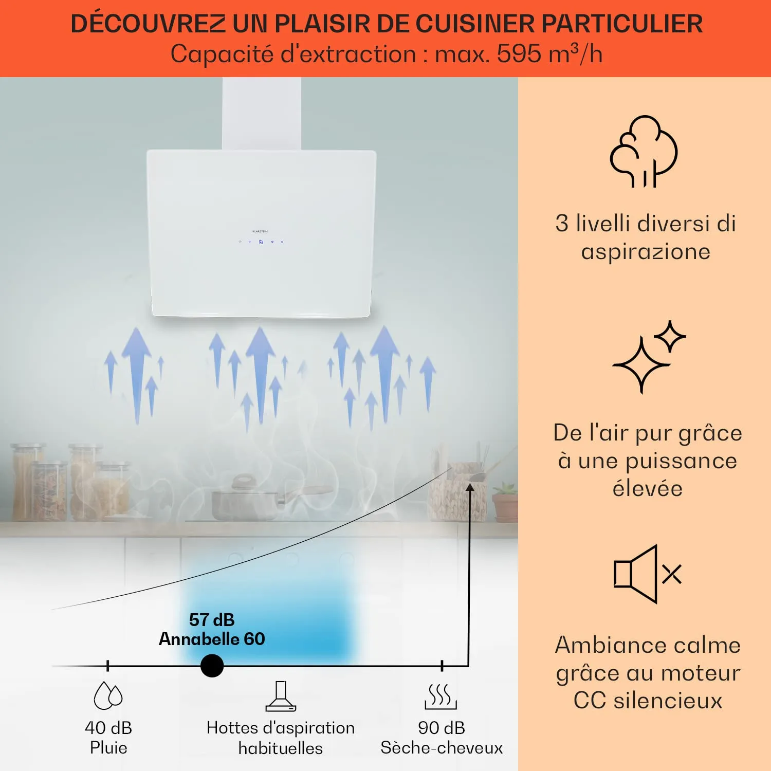 Klarstein Hotte Inclinée 60 cm Blanche 641 m³/h LED Tactile