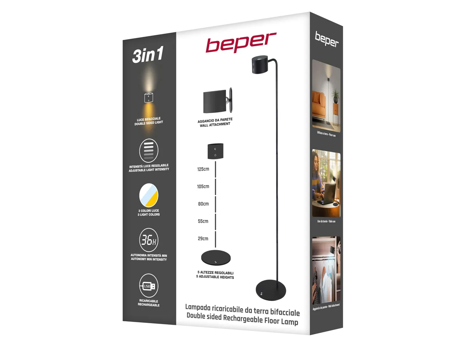 Beper P201UTP306 Lumì lampe rechargeable noire tactile 3 couleurs
