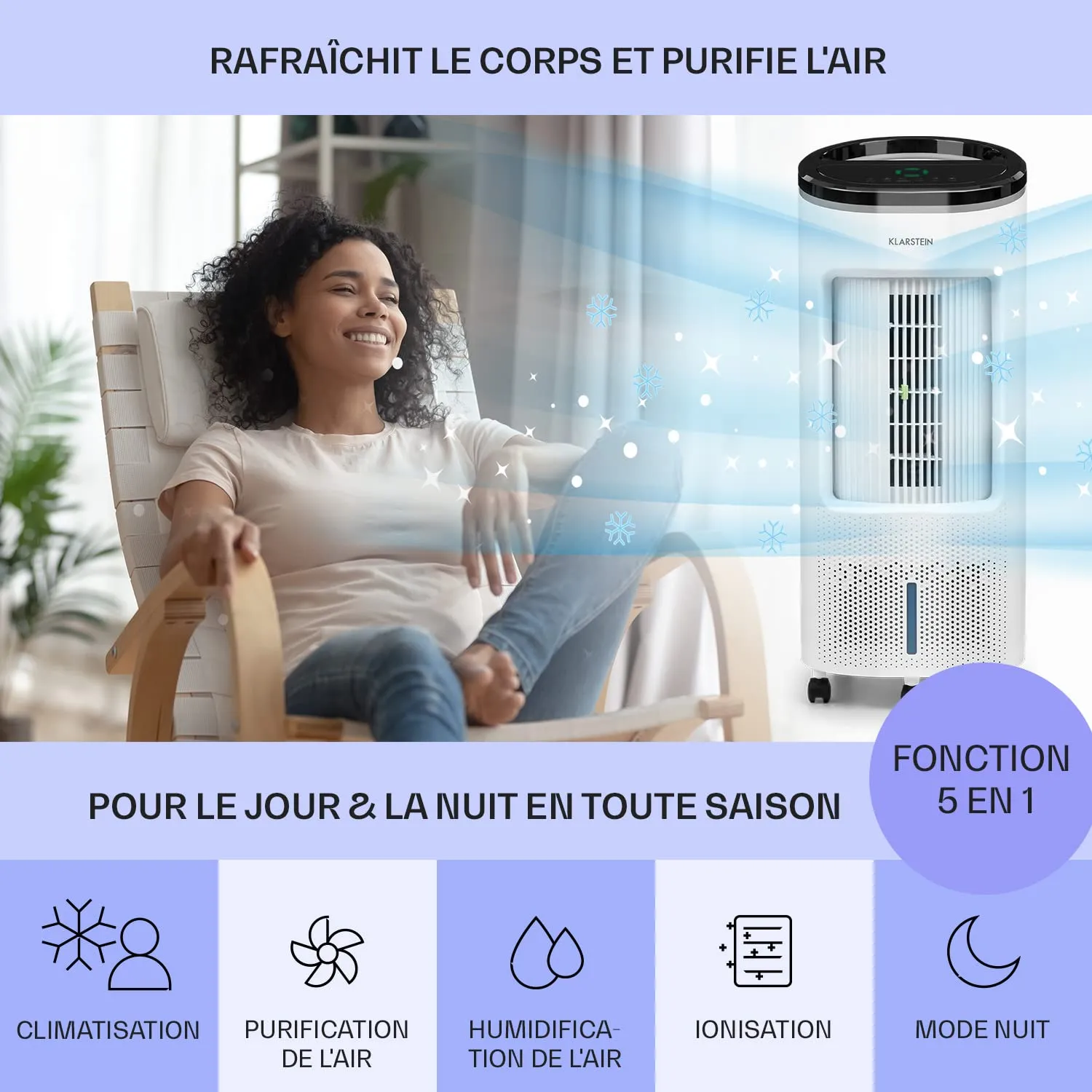 Klarstein rafraîchisseur d'air mobile 4 en 1 7L 65W