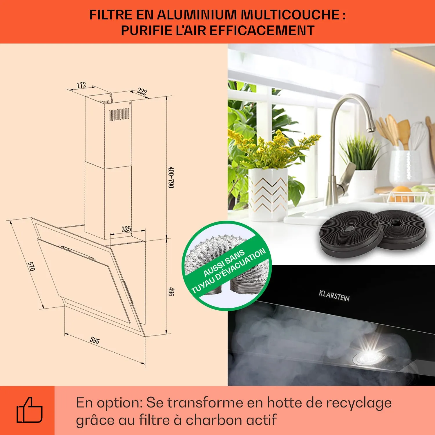 Klarstein Hotte 60 cm Noire inclinée 601 m³/h
