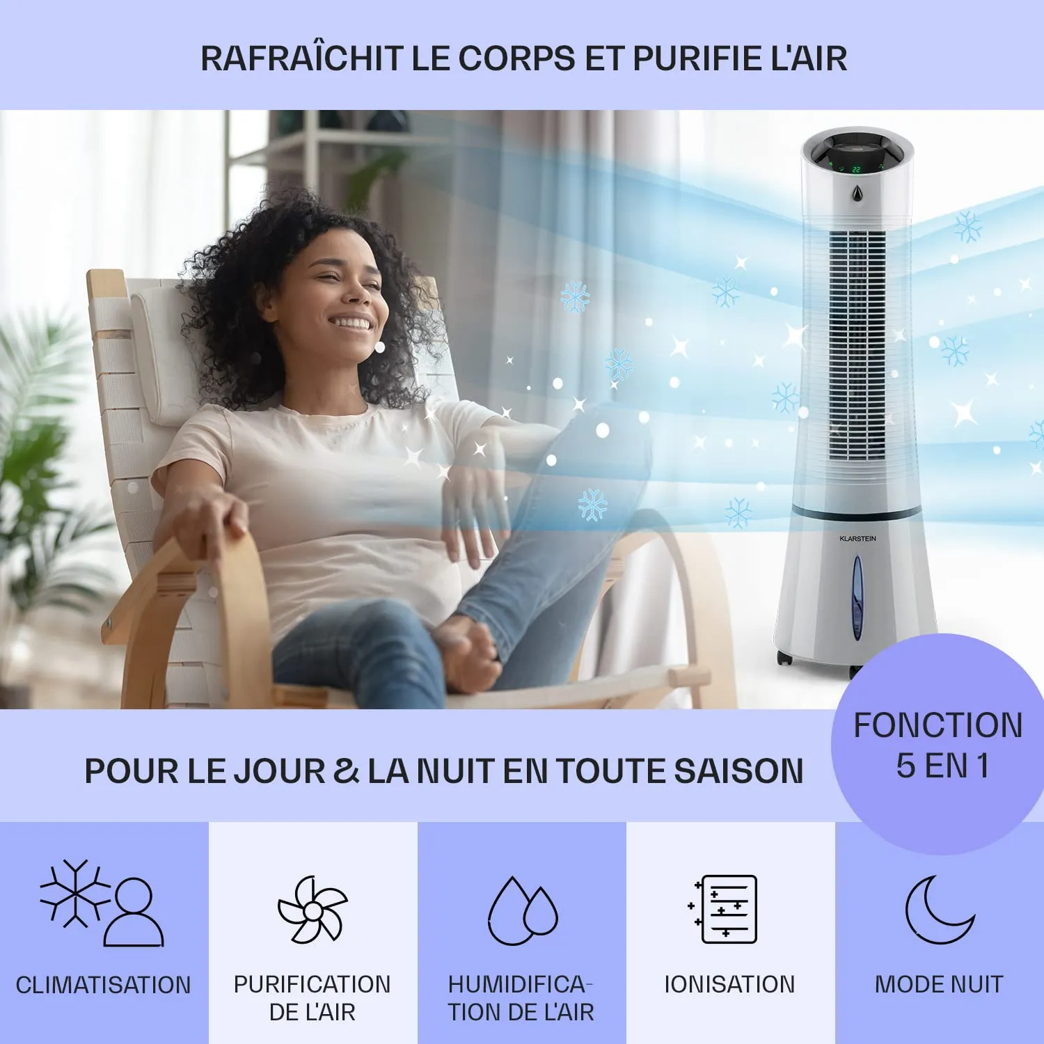 Klarstein rafraîchisseur d'air 5 en 1 45W 6L ioniseur