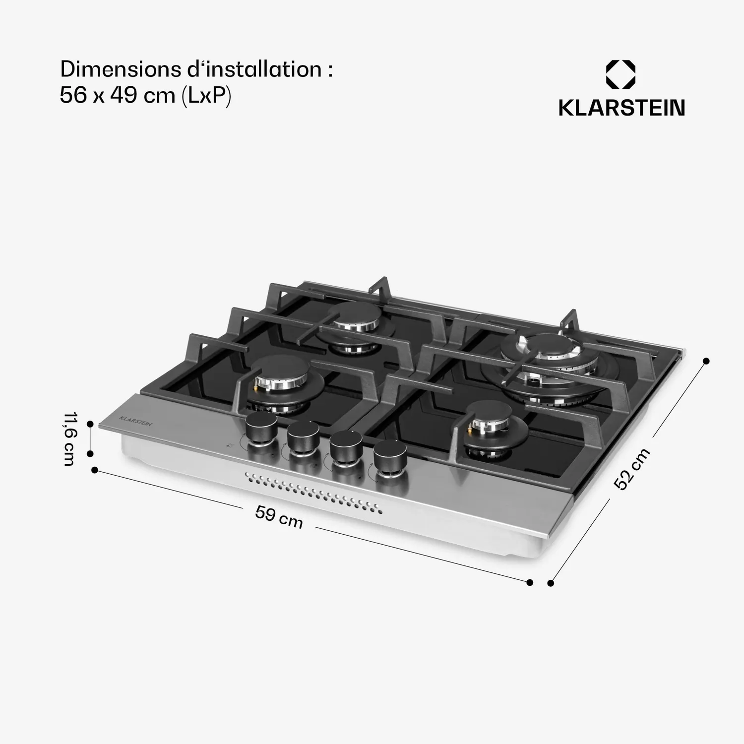 Klarstein Plaque Gaz 4 Feux Inox 8,0 kW Encastrable