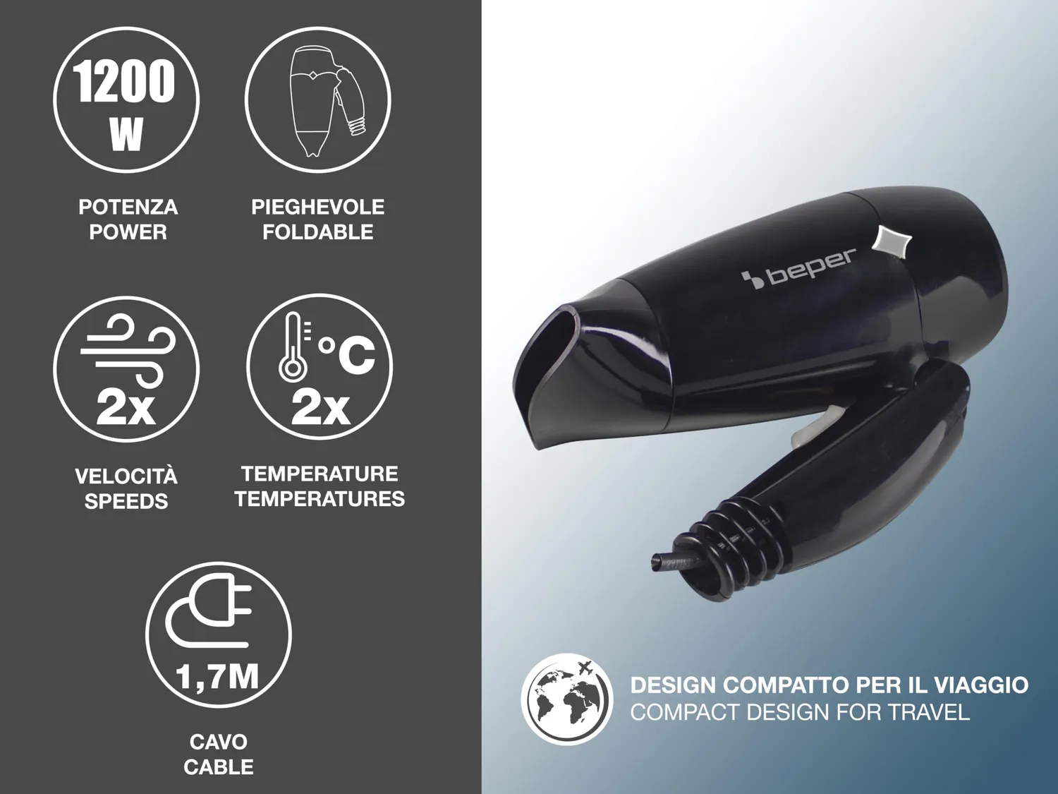 Beper P301ASC100 sèche-cheveux pliable noir 1200 W