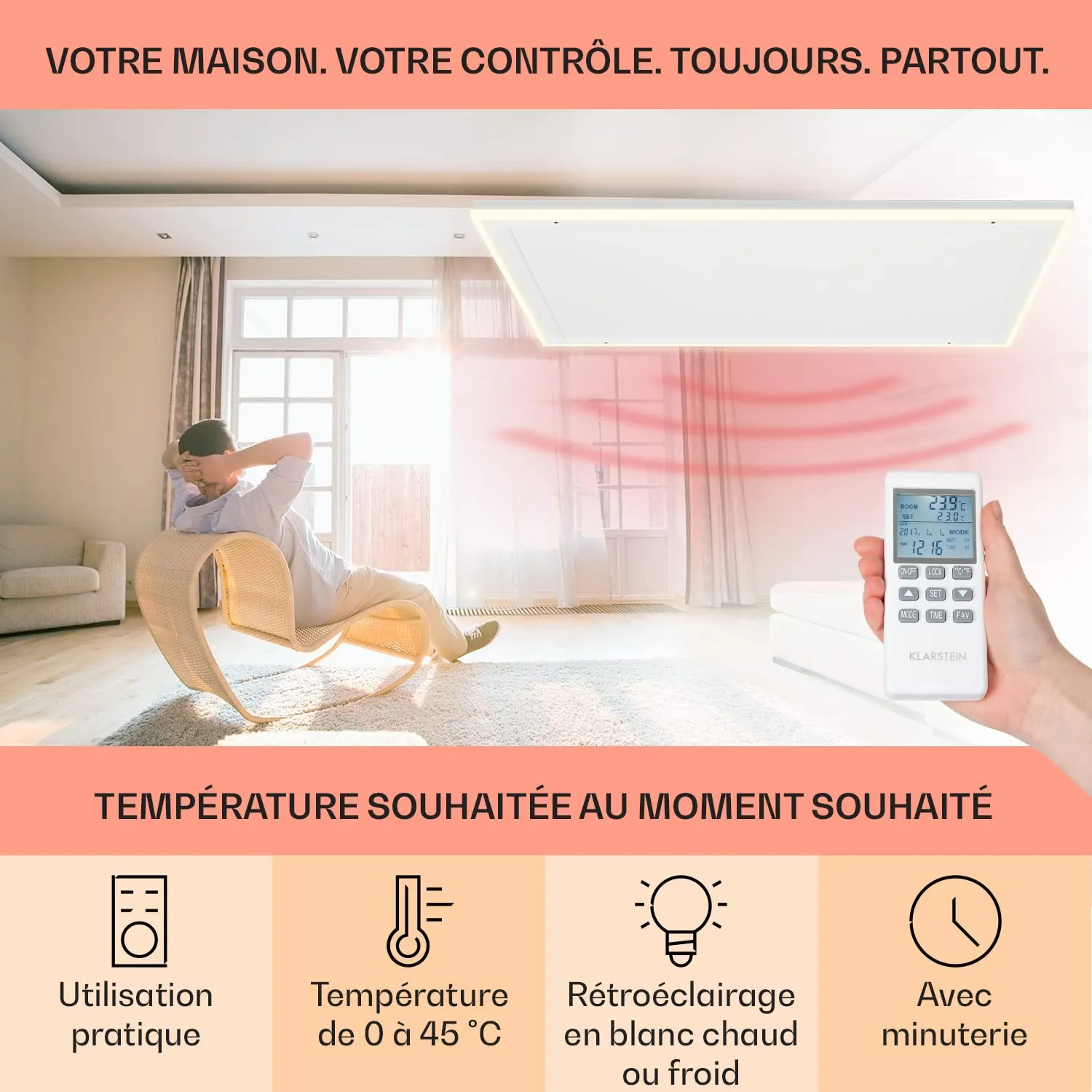 Klarstein Smart chauffage infrarouge mural 600W salle de bain