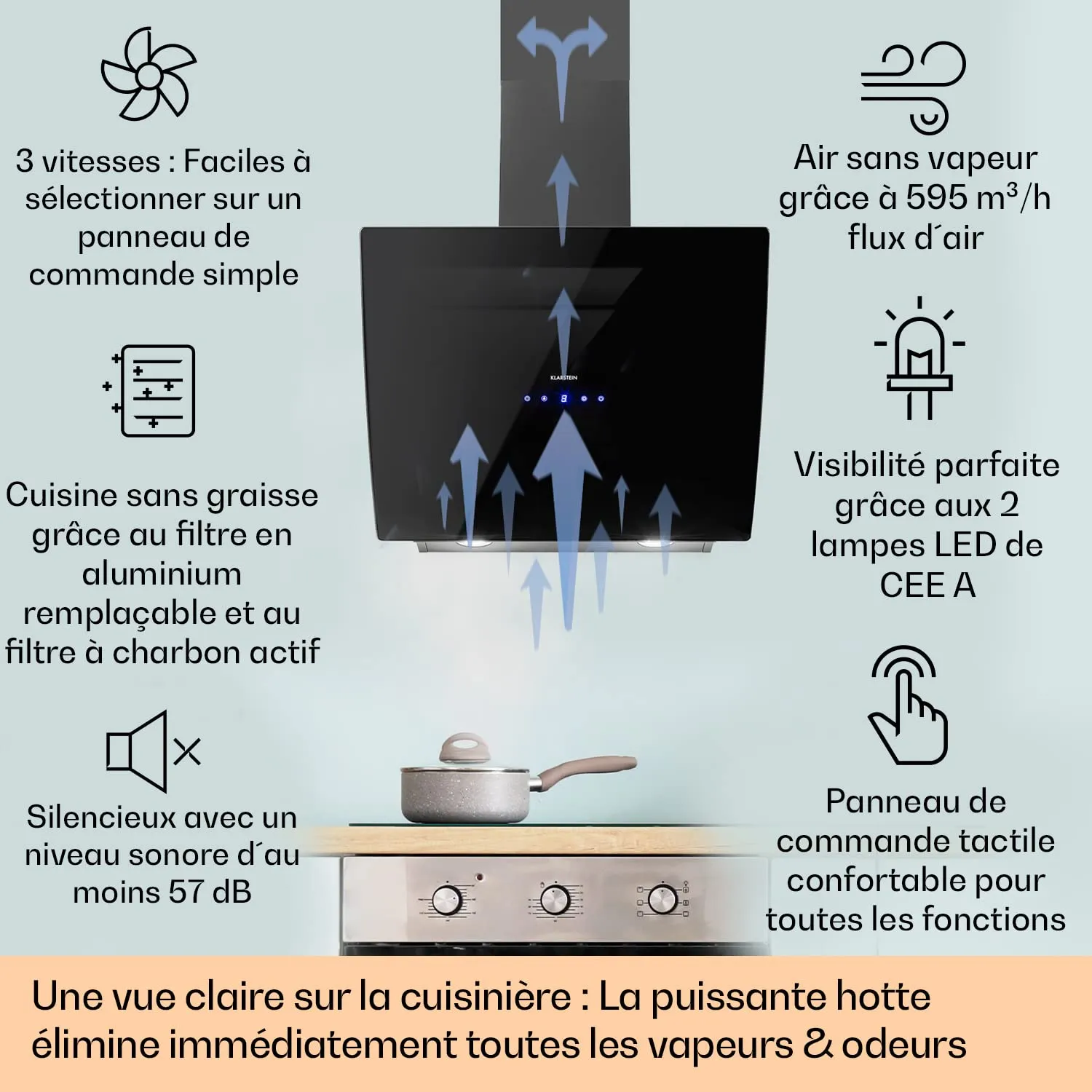 Klarstein hotte aspirante inclinée 60cm noir 595m³/h LED