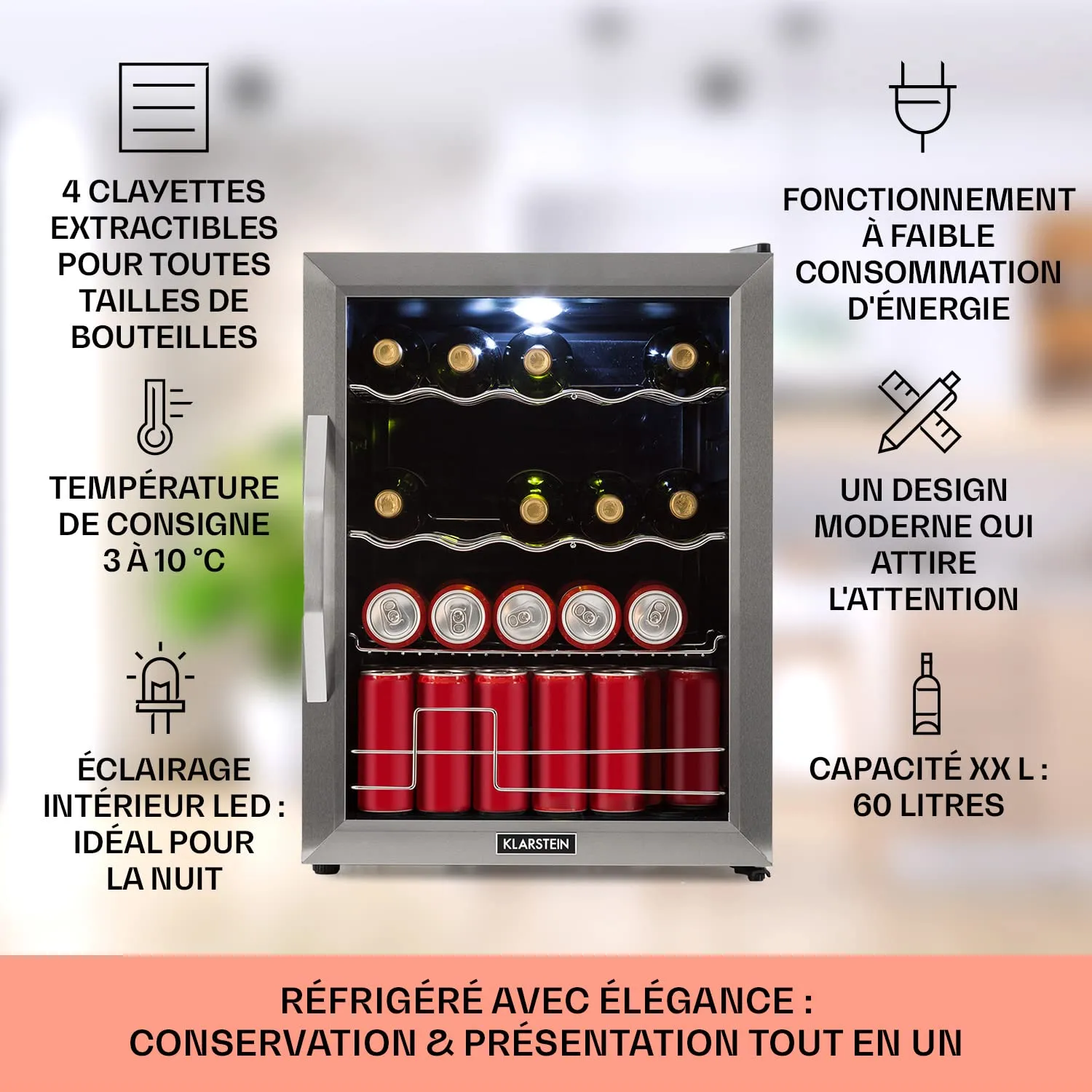 Klarstein mini frigo chambre 60 L porte vitrée inox silencieux