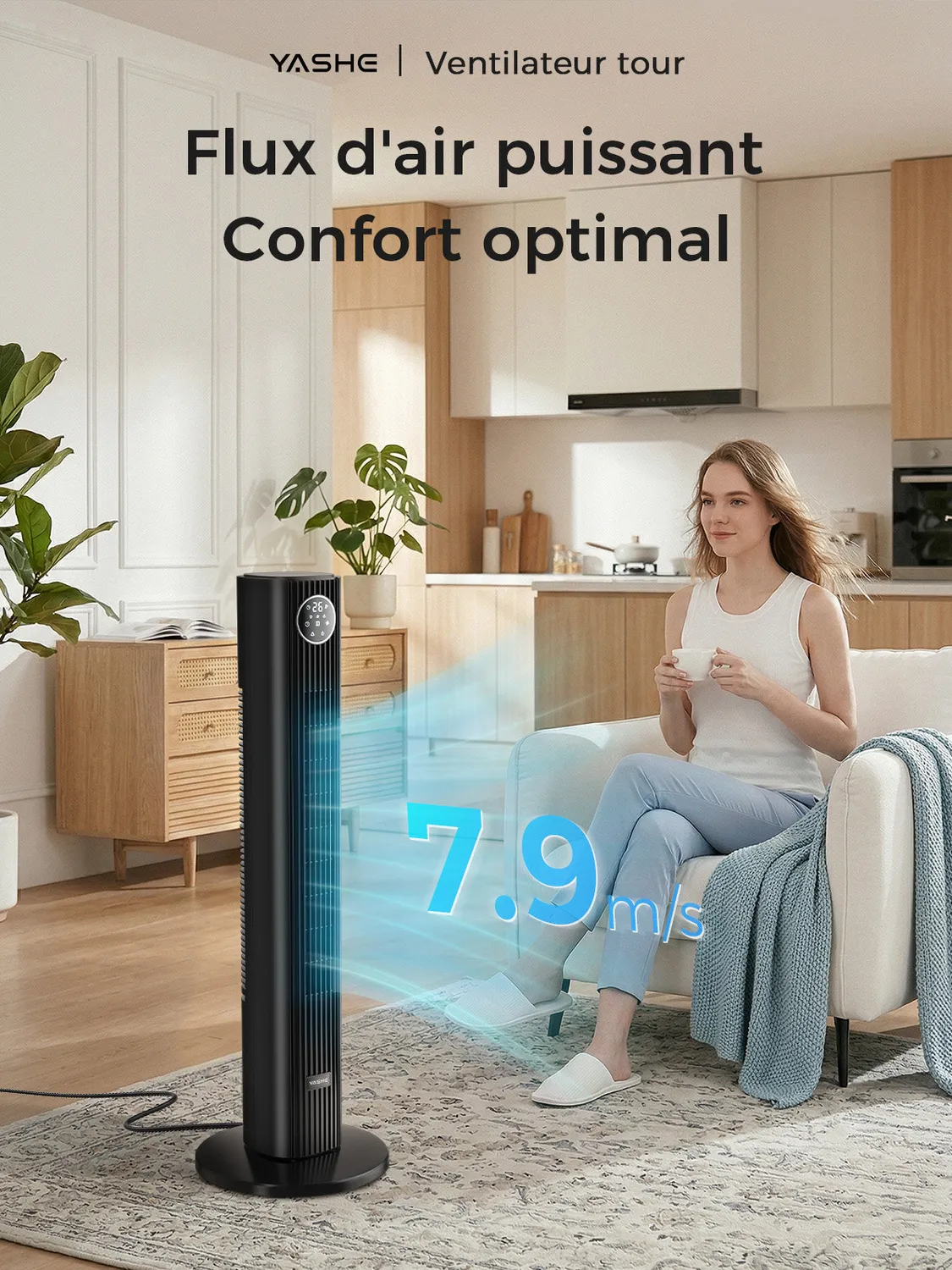 YASHE ventilateur tour oscillant 81cm noir télécommande