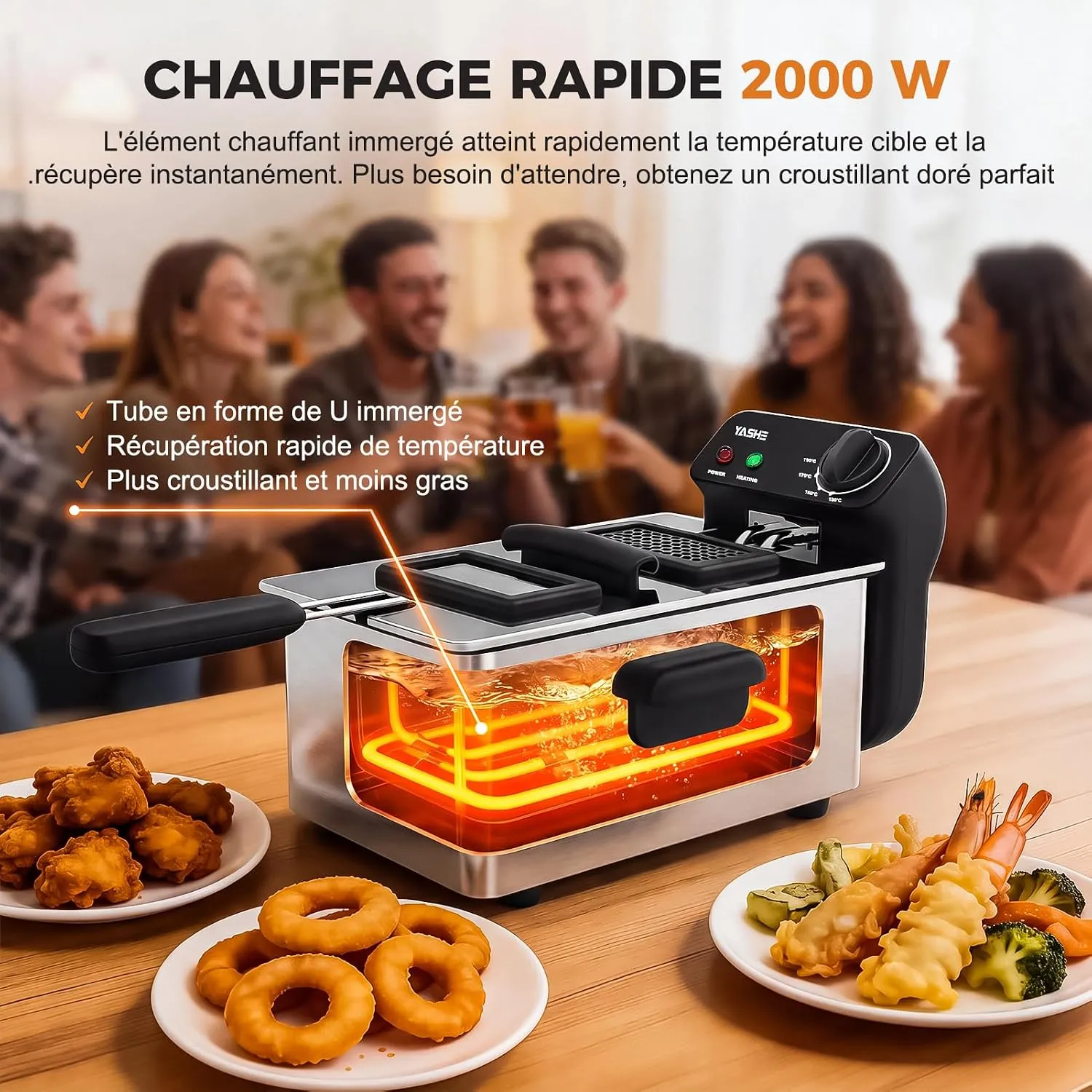 YASHE friteuse électrique 3,2 L 1500 W inox réglable