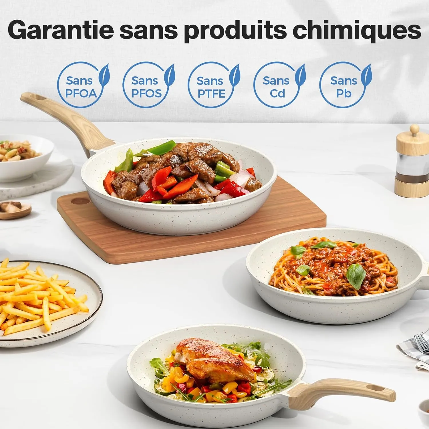 YASHE Set 3 Poêles Granit 20/24/28cm Sans PFOA