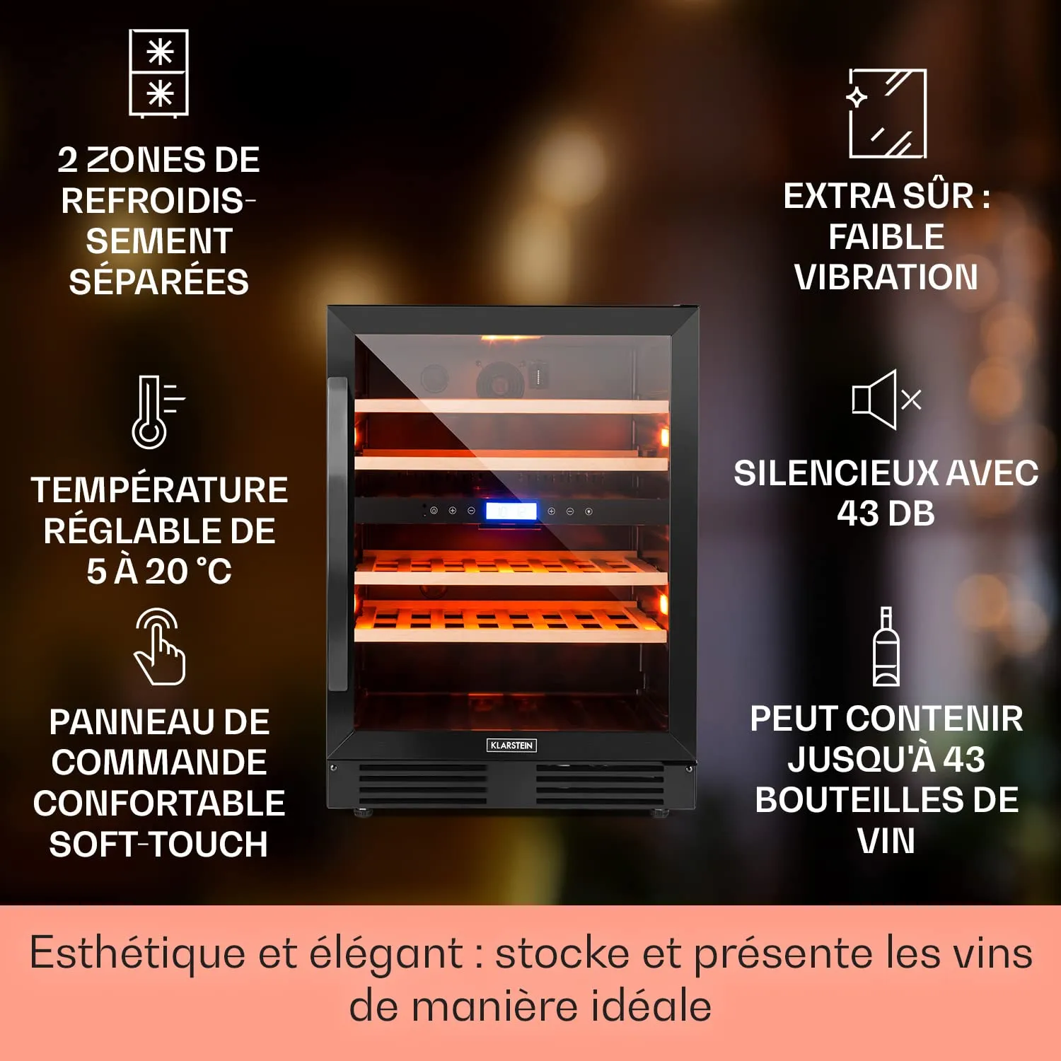 Klarstein Vinovilla cave à vin 43 bouteilles onyx double zone