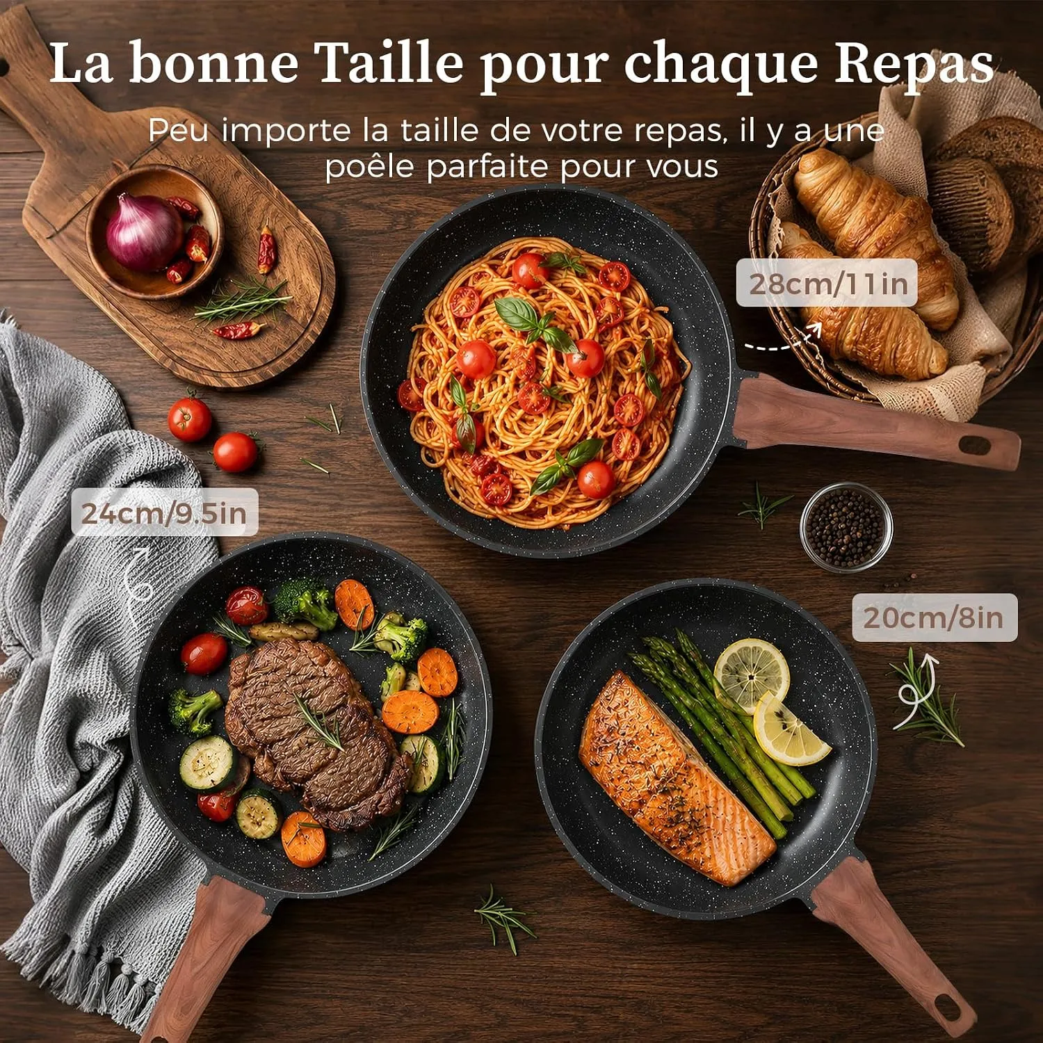 YASHE batterie cuisine 3 poêles 20/24/28 cm induction