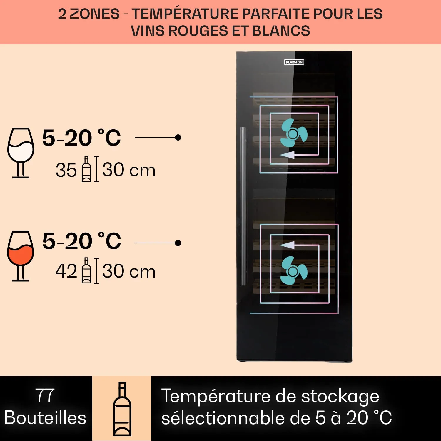 Klarstein cave à vin double zone 77 bouteilles 5-20°C