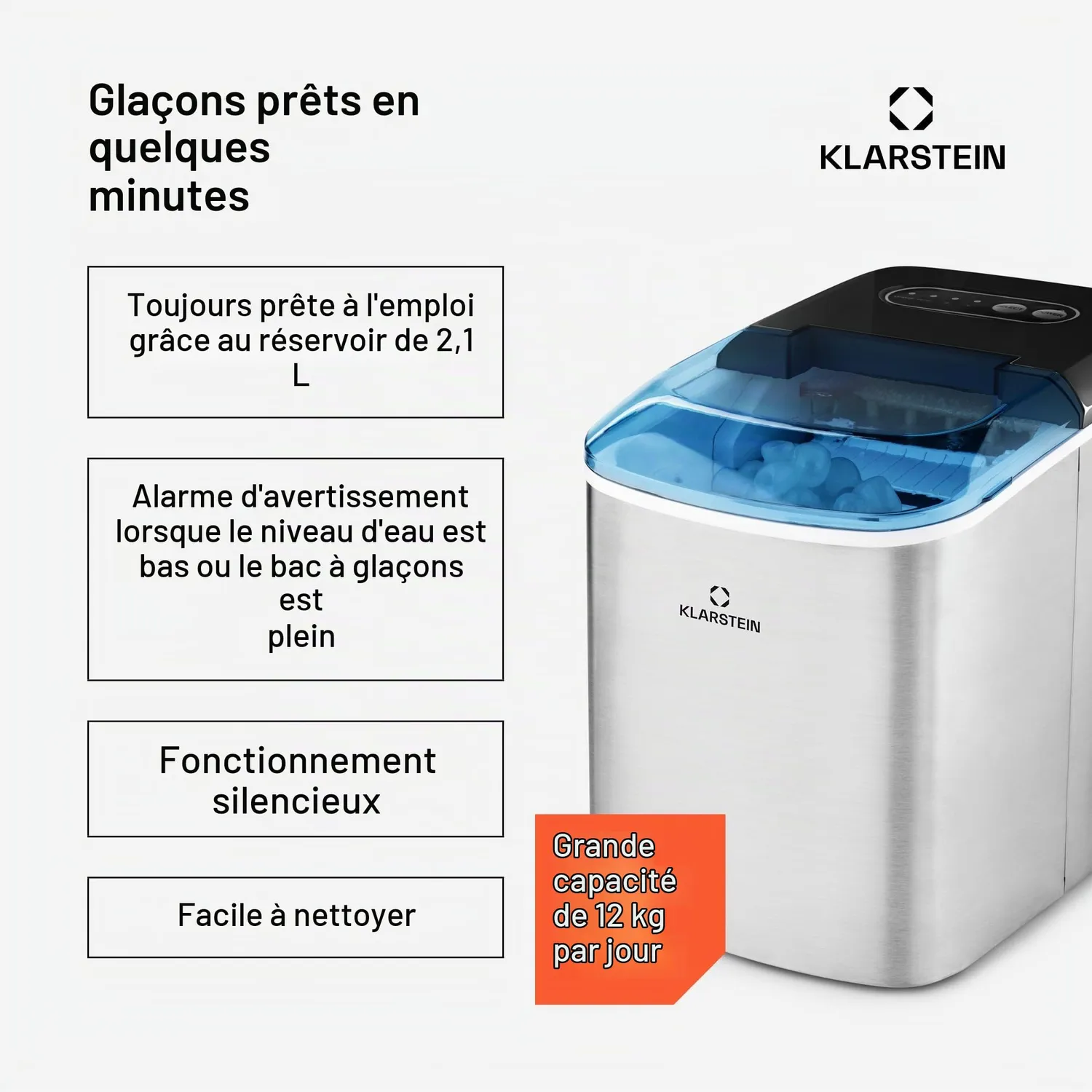Klarstein machine à glaçons 12 kg 2,1 L 2 tailles rapide
