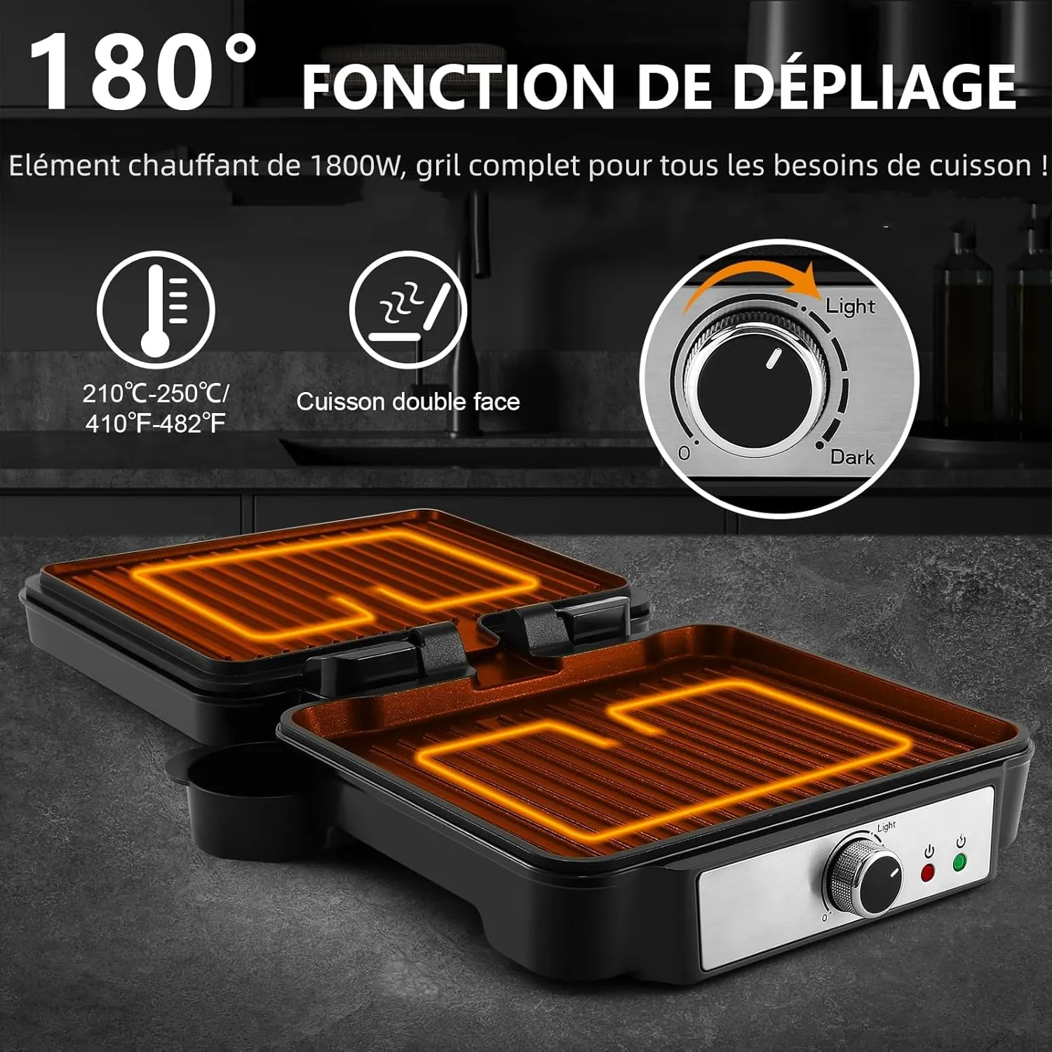 YASHE Grill Panini 1800W presse 3-en-1 antiadhésive