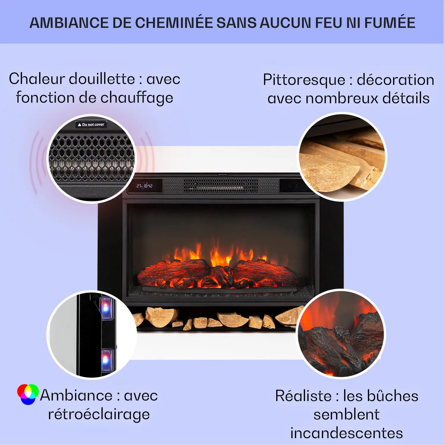Klarstein cheminée électrique 1900 W effet flamme LED