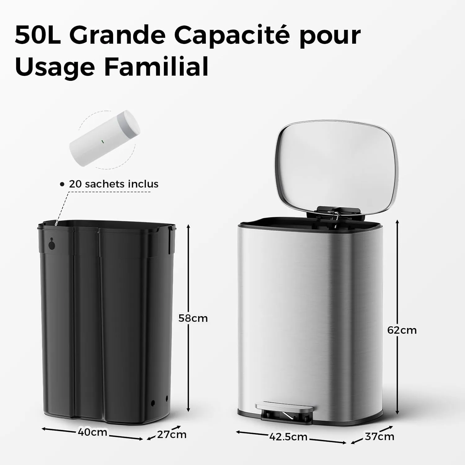 YASHE Poubelle Cuisine 50L Inox à Pédale +20 Sacs