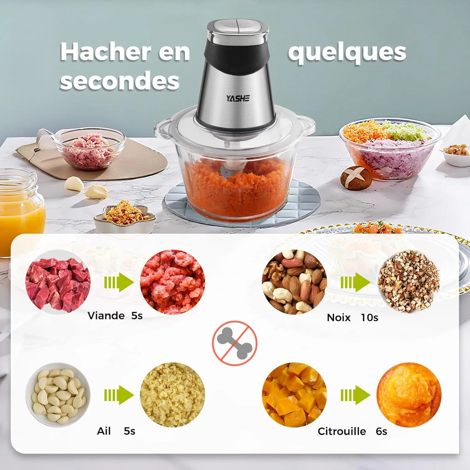 YASHE hachoir électrique verre 1,8 L + inox 2 L 500 W