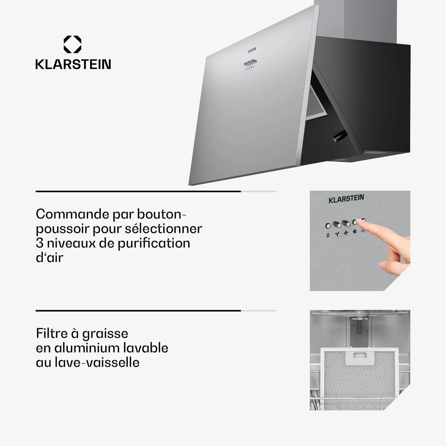 Klarstein Silver Lining hotte murale inclinée 90 cm argent 568 m3/h