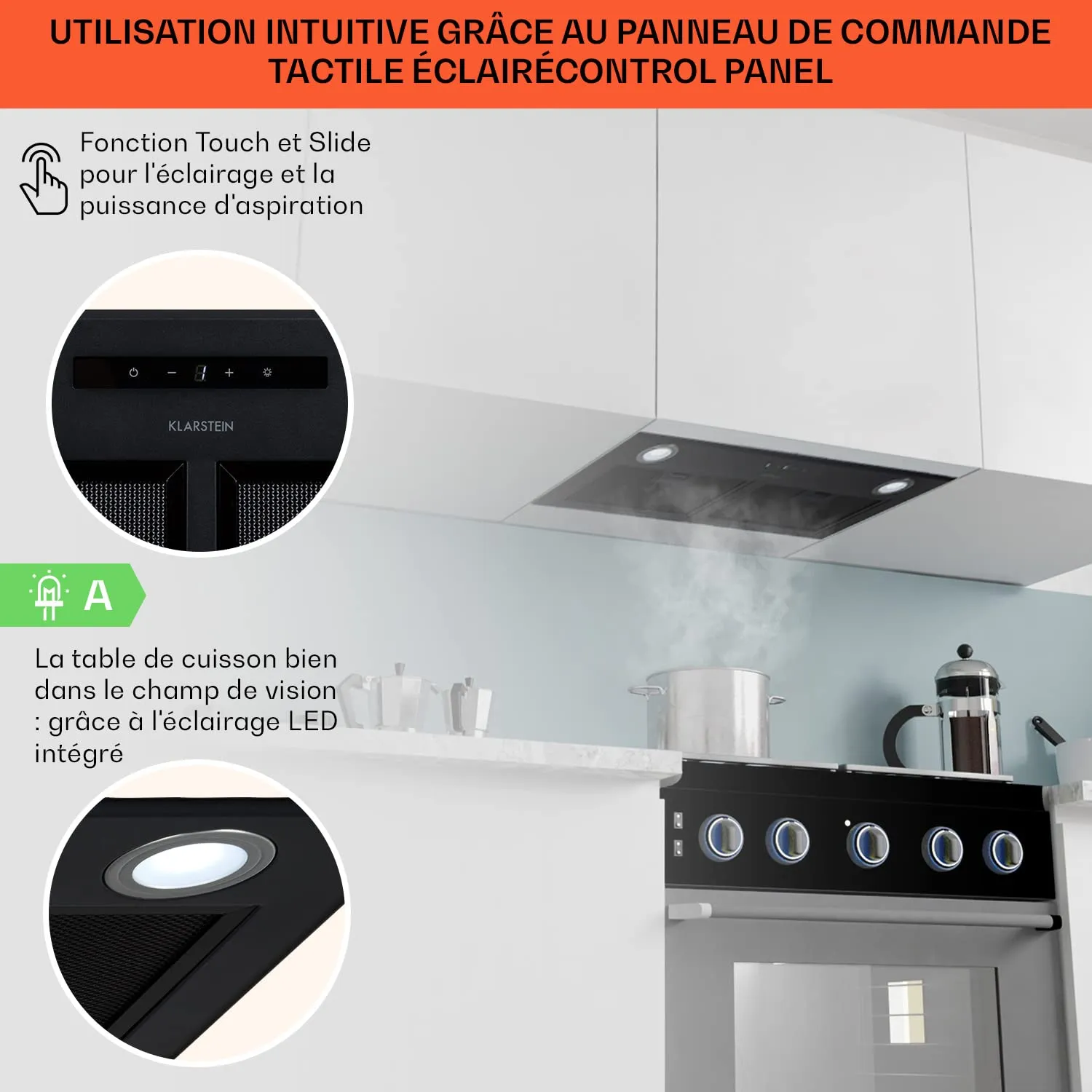 Klarstein hotte murale silencieuse 592 m³/h LED tactile