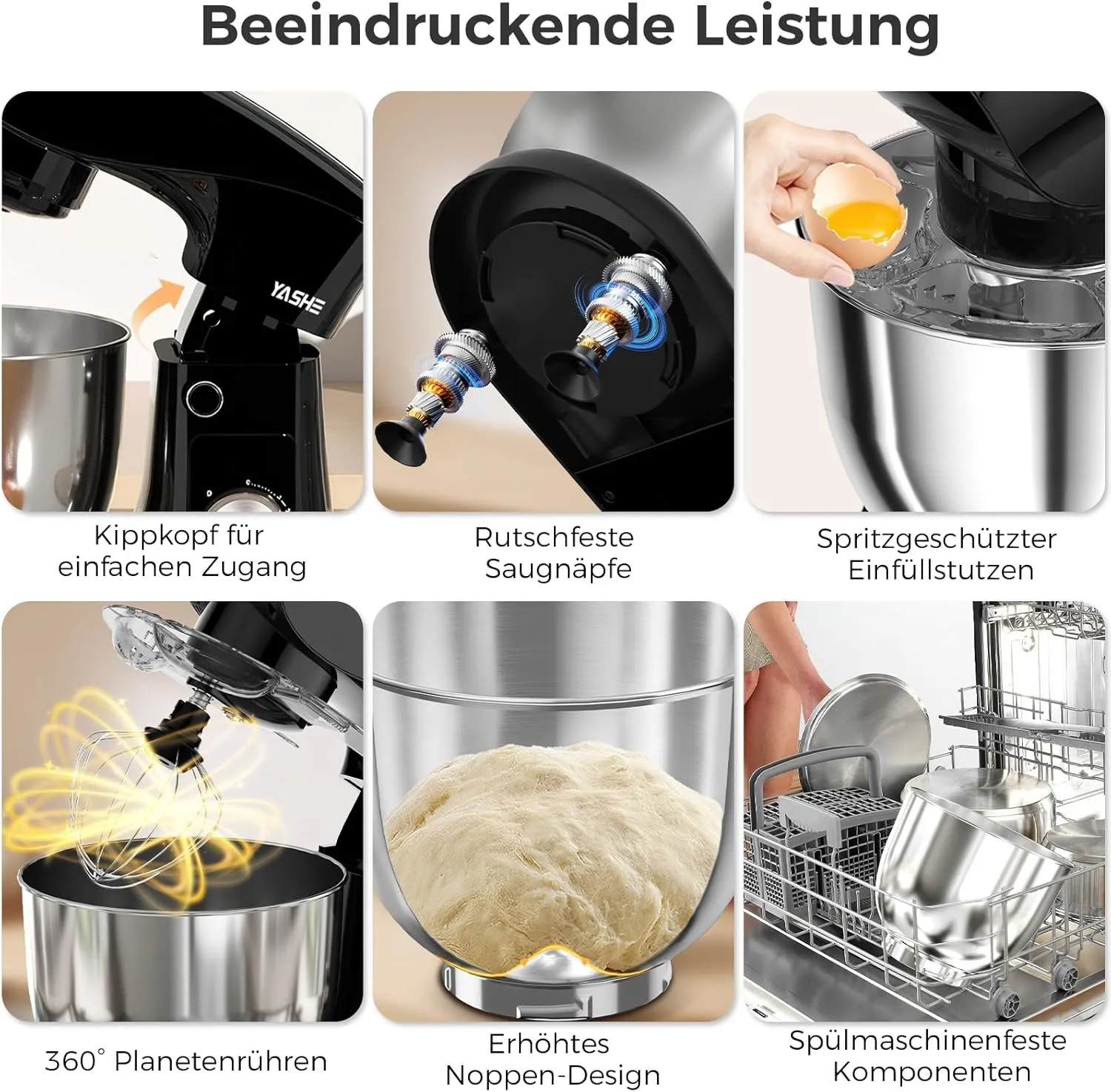 YASHE Robot Pâtissier 1500W 4,5L+5L Double Bol Inox