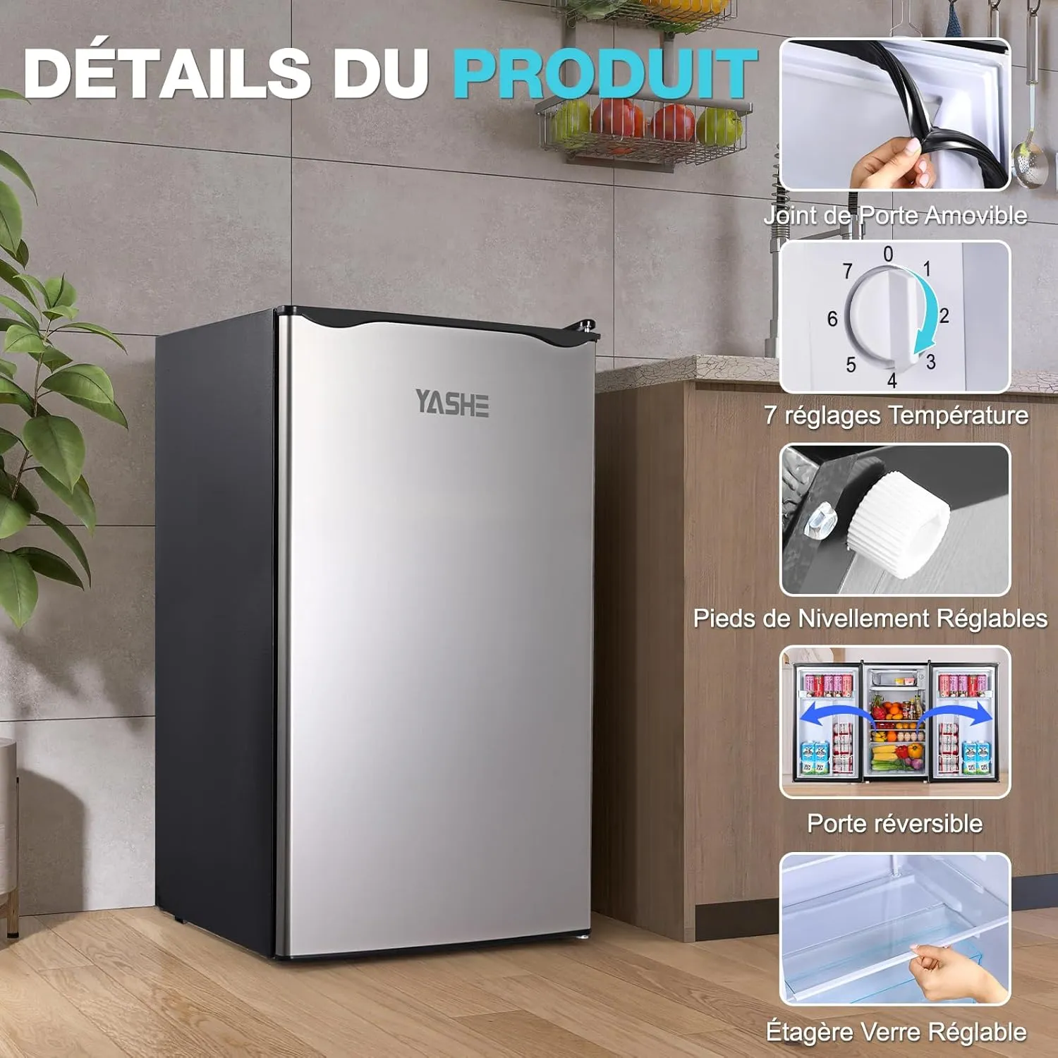 YASHE petit frigo 92 L avec congélateur silencieux 45 dB