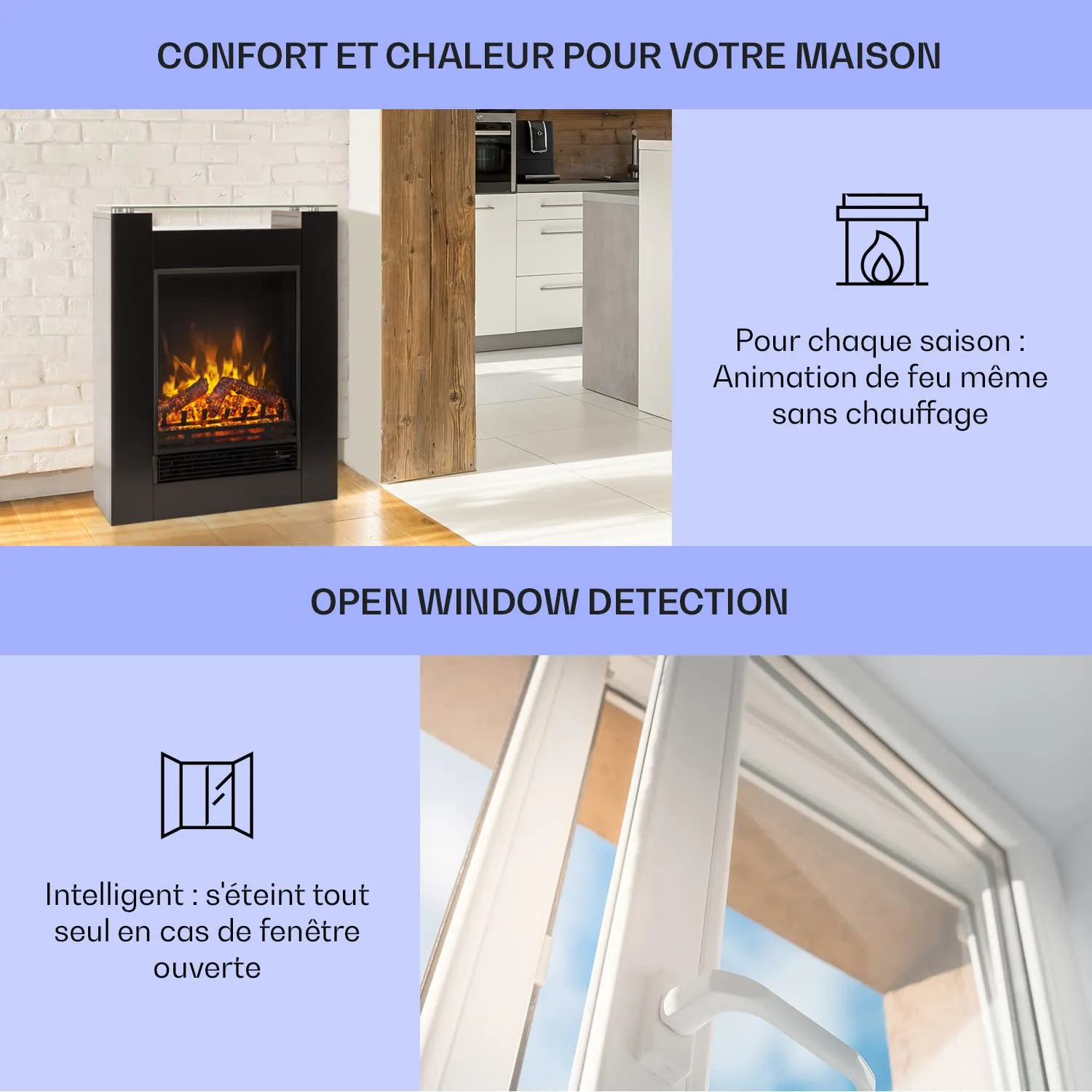 Klarstein cheminée électrique décorative noire 1800W LED
