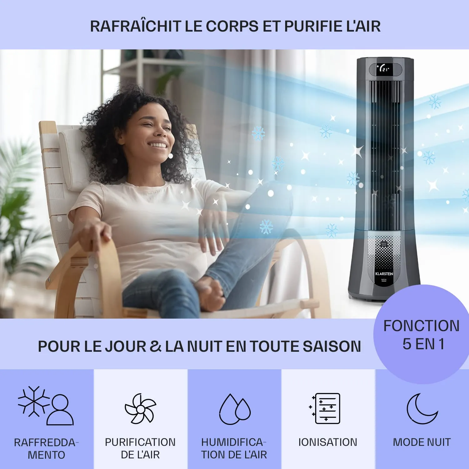 Klarstein 5 en 1 rafraîchisseur d'air mobile 7L 132m³/h