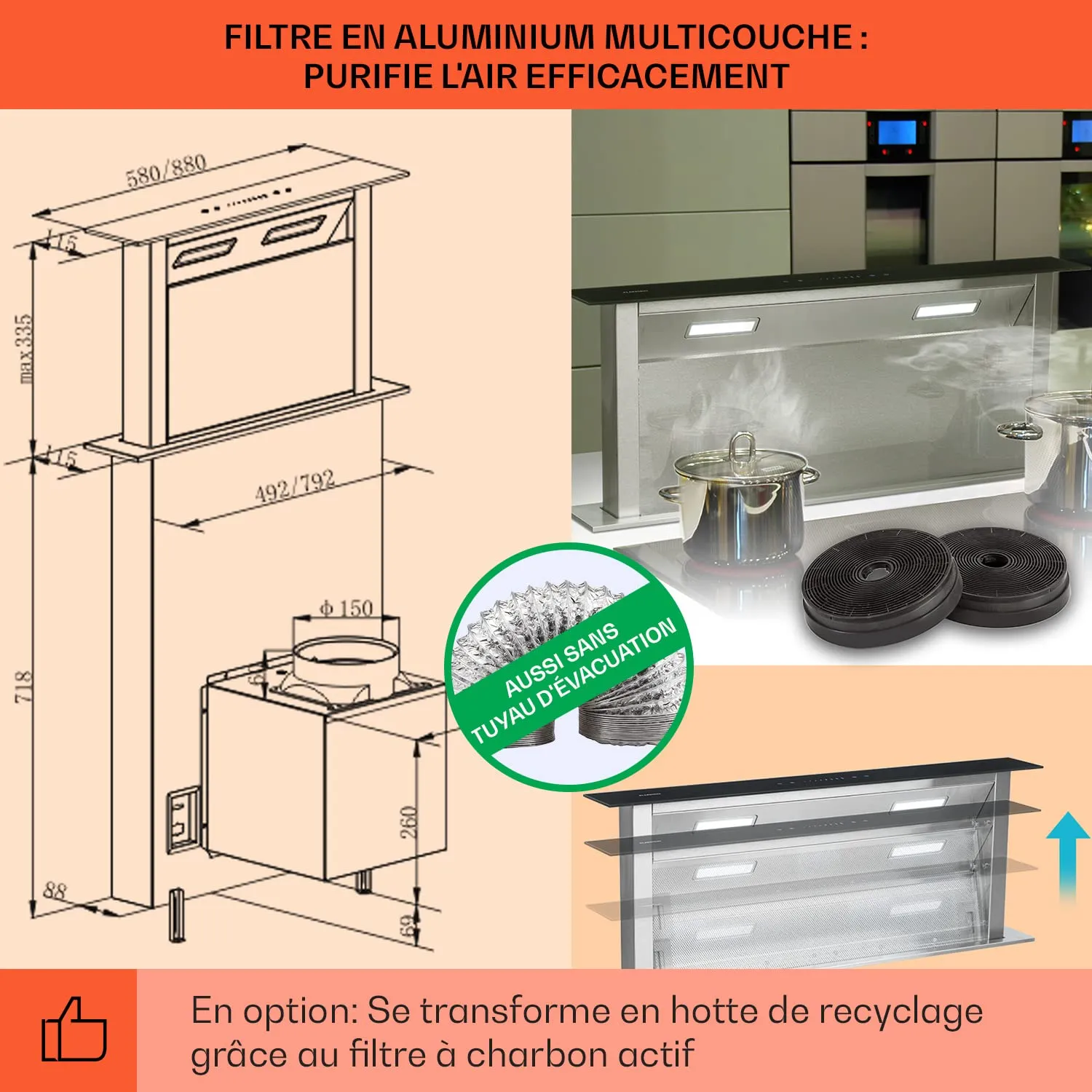 Klarstein Downdraft hotte 90 cm encastrable 507 m3/h