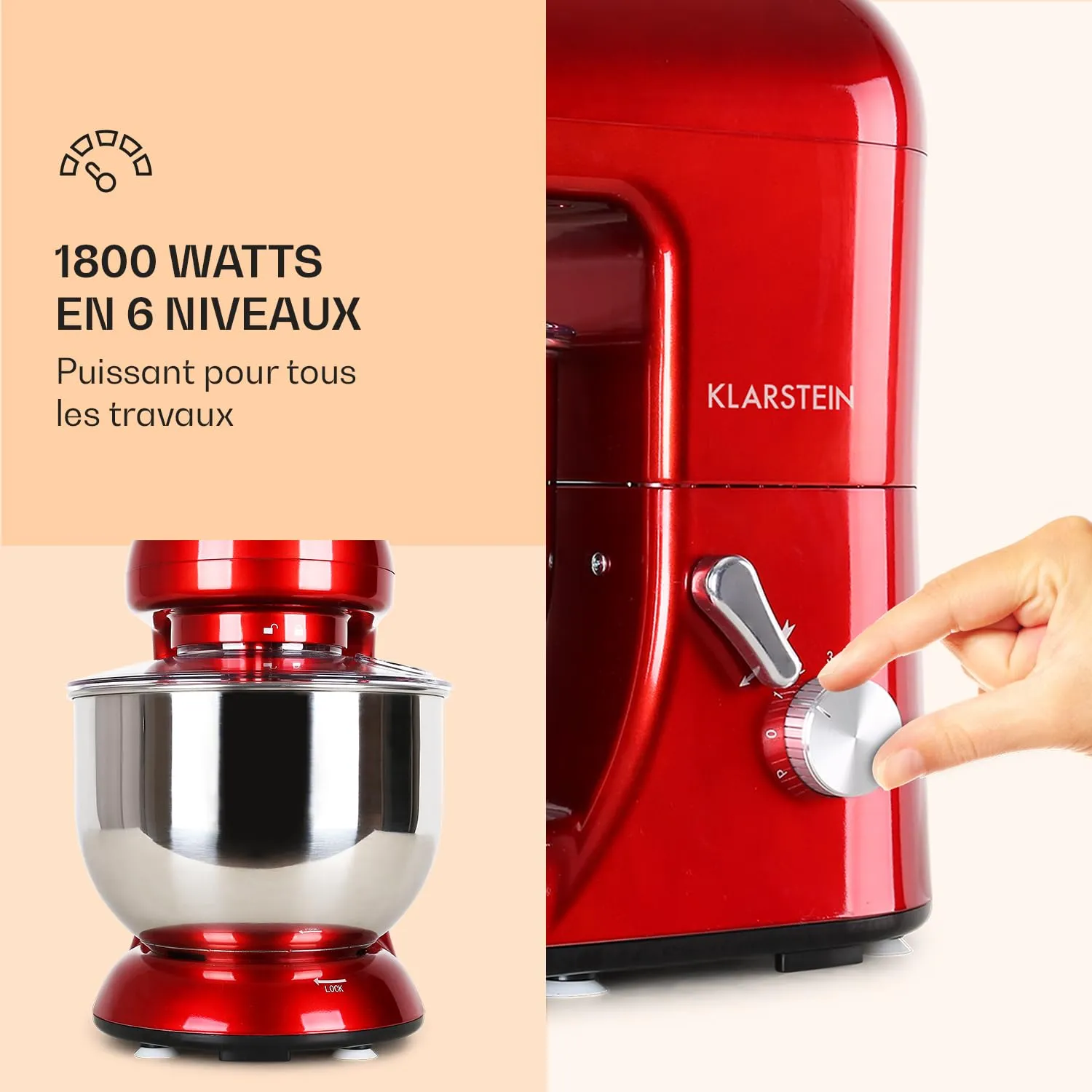 Klarstein Robot Pâtissier Bol 5L 2000W Rouge 6 Vitesses