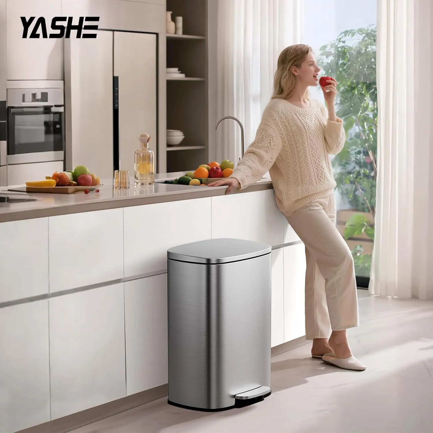 YASHE Poubelle Cuisine 50L Inox à Pédale +20 Sacs