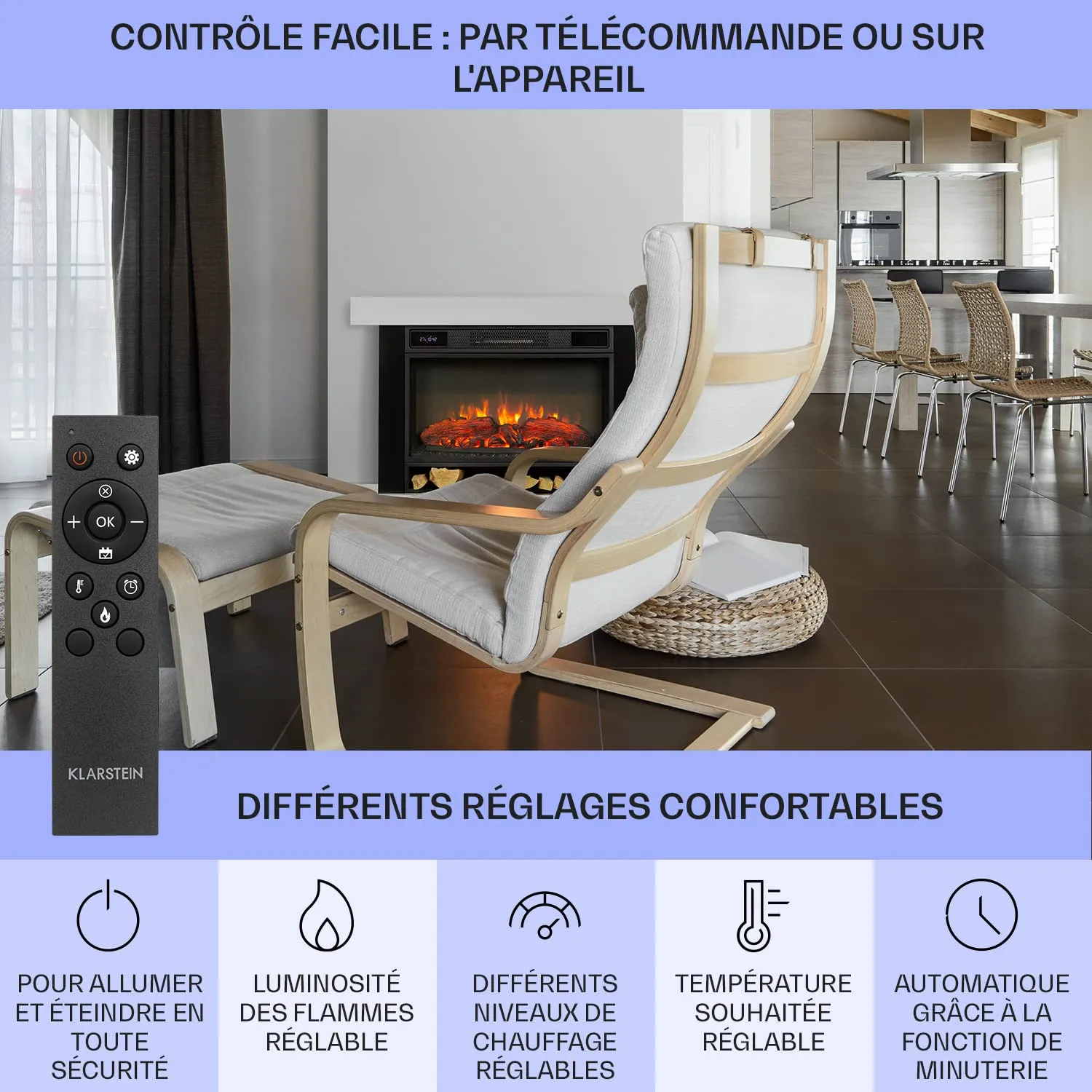 Klarstein cheminée électrique 1900 W effet flamme LED