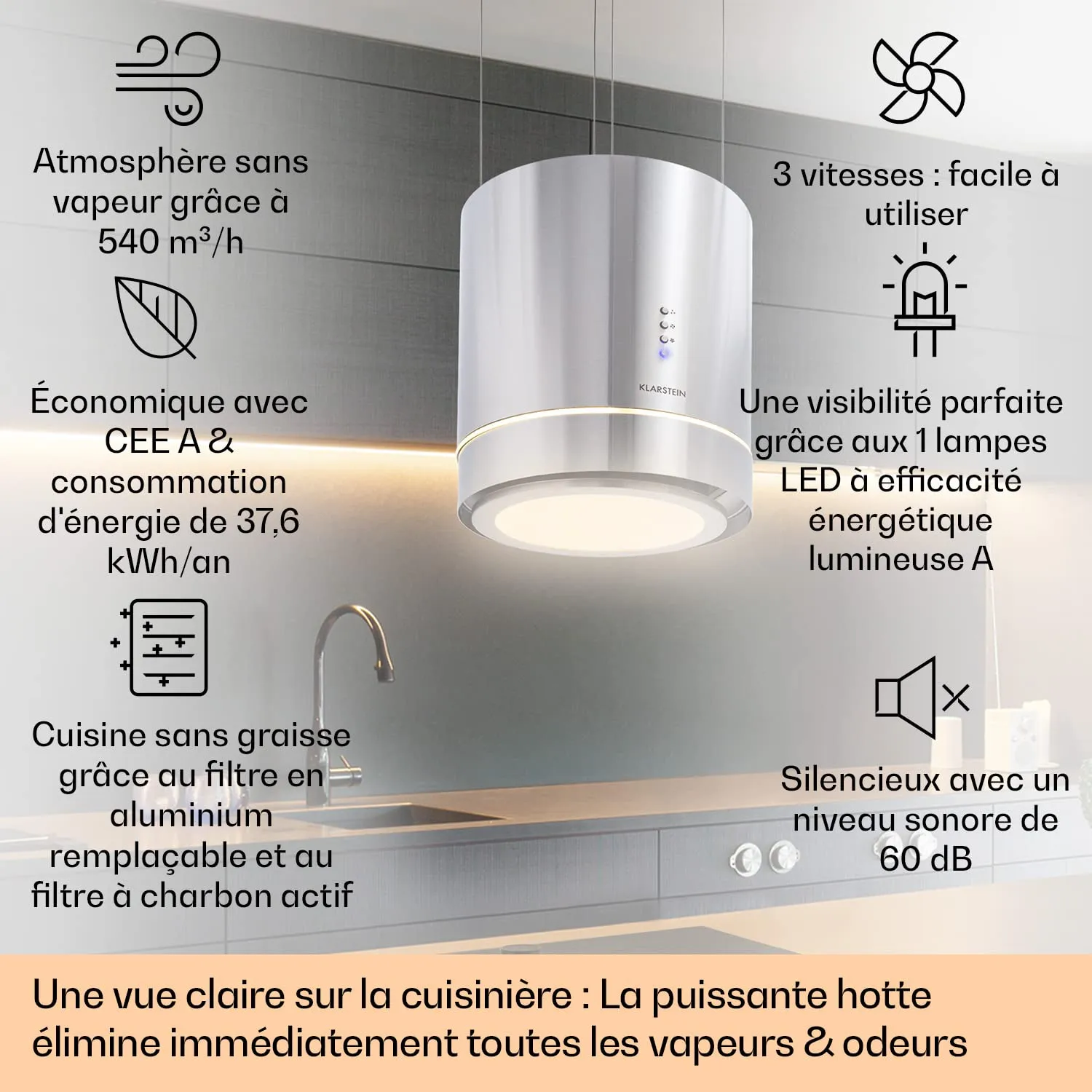 Klarstein hotte îlot suspendue noir 595 m3/h avec filtres