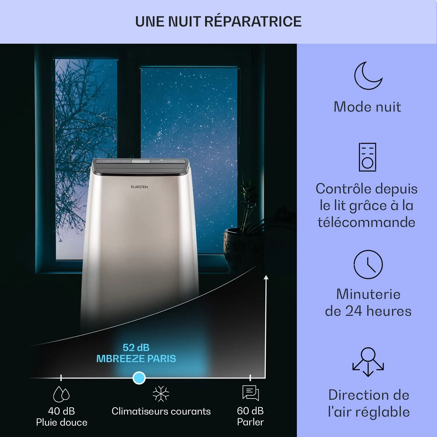 Klarstein 9000 BTU climatiseur mobile 4 en 1 26-44 m2