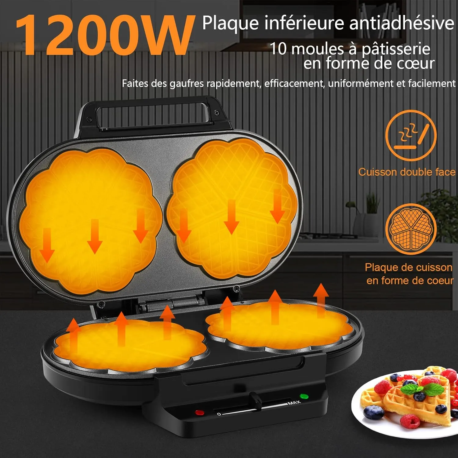 YASHE Machine à Gaufre Cœur 10 Pièces 1200W Antiadhésif