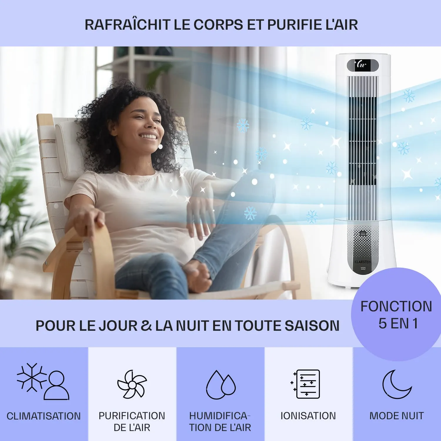 Klarstein 5 en 1 refroidisseur d'air mobile 7L 45W nuit
