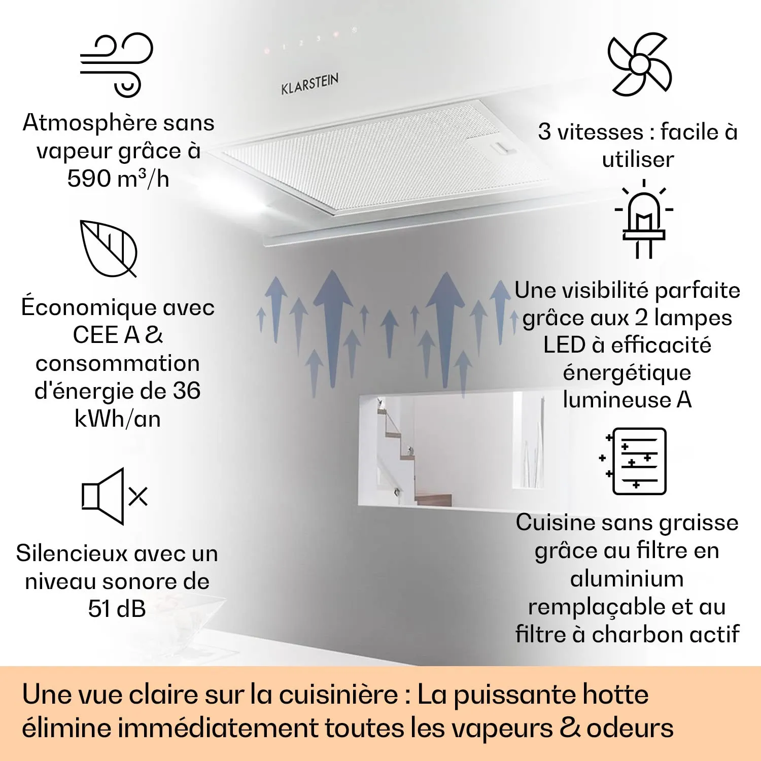 Klarstein hotte îlot suspendue recyclage 577 m³/h