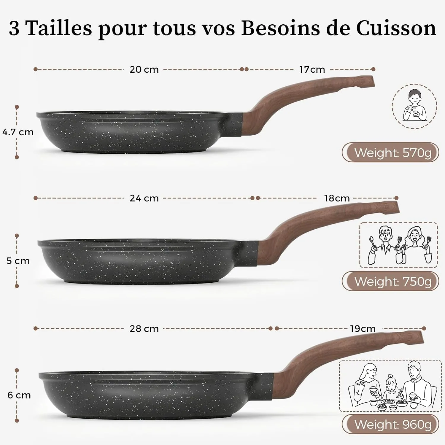 YASHE batterie cuisine 3 poêles 20/24/28 cm induction
