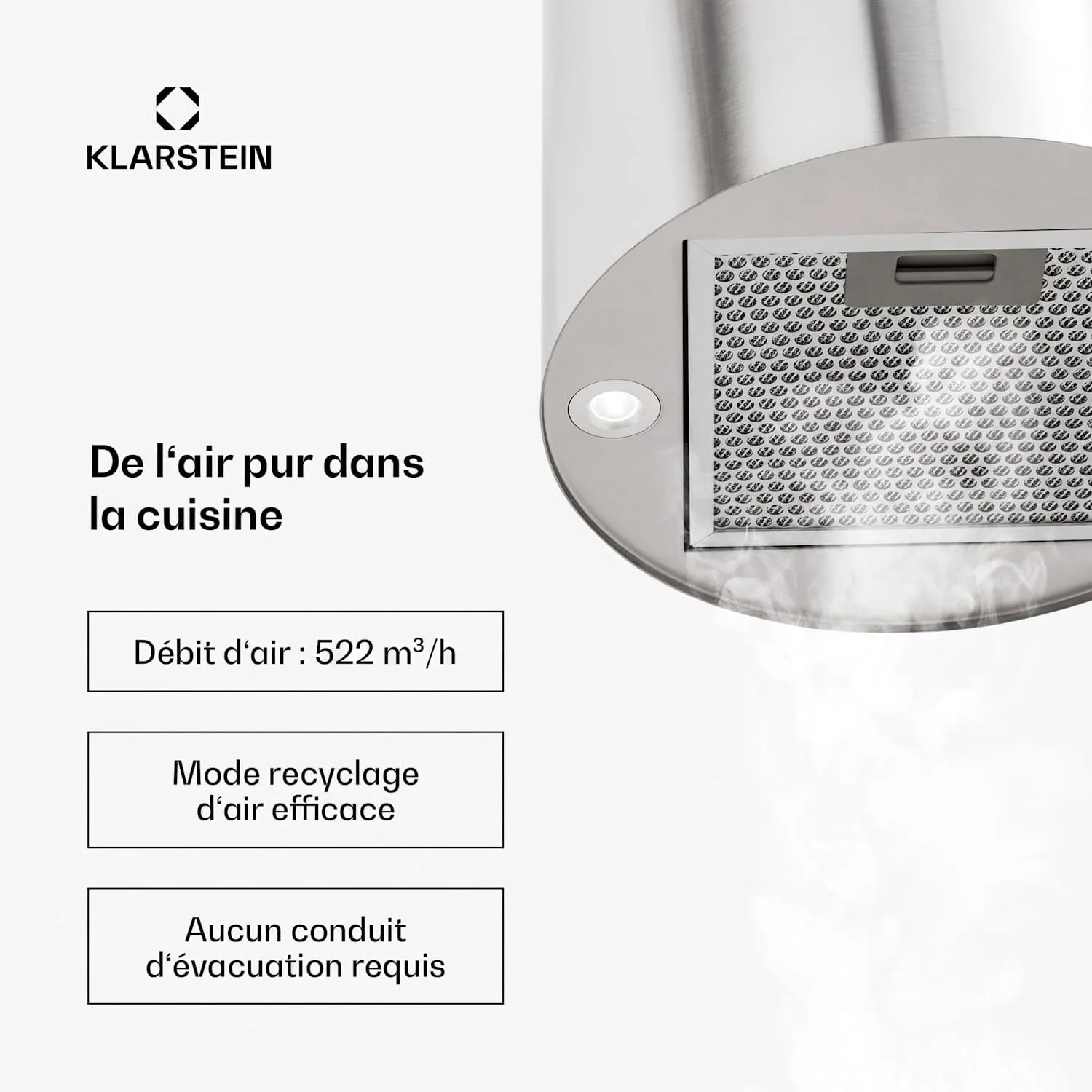 Klarstein Hotte Îlot Argent 522m³/h Recyclage