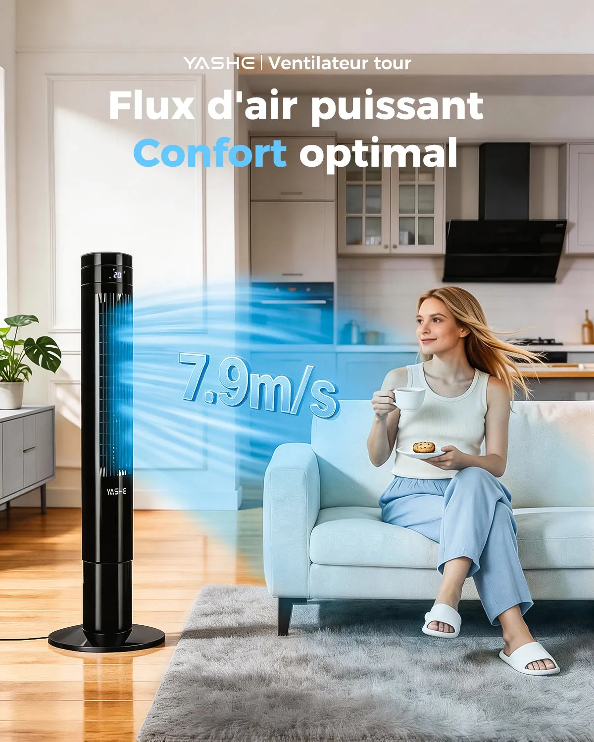 YASHE Ventilateur Tour 3 Vitesses Télécommande silencieux